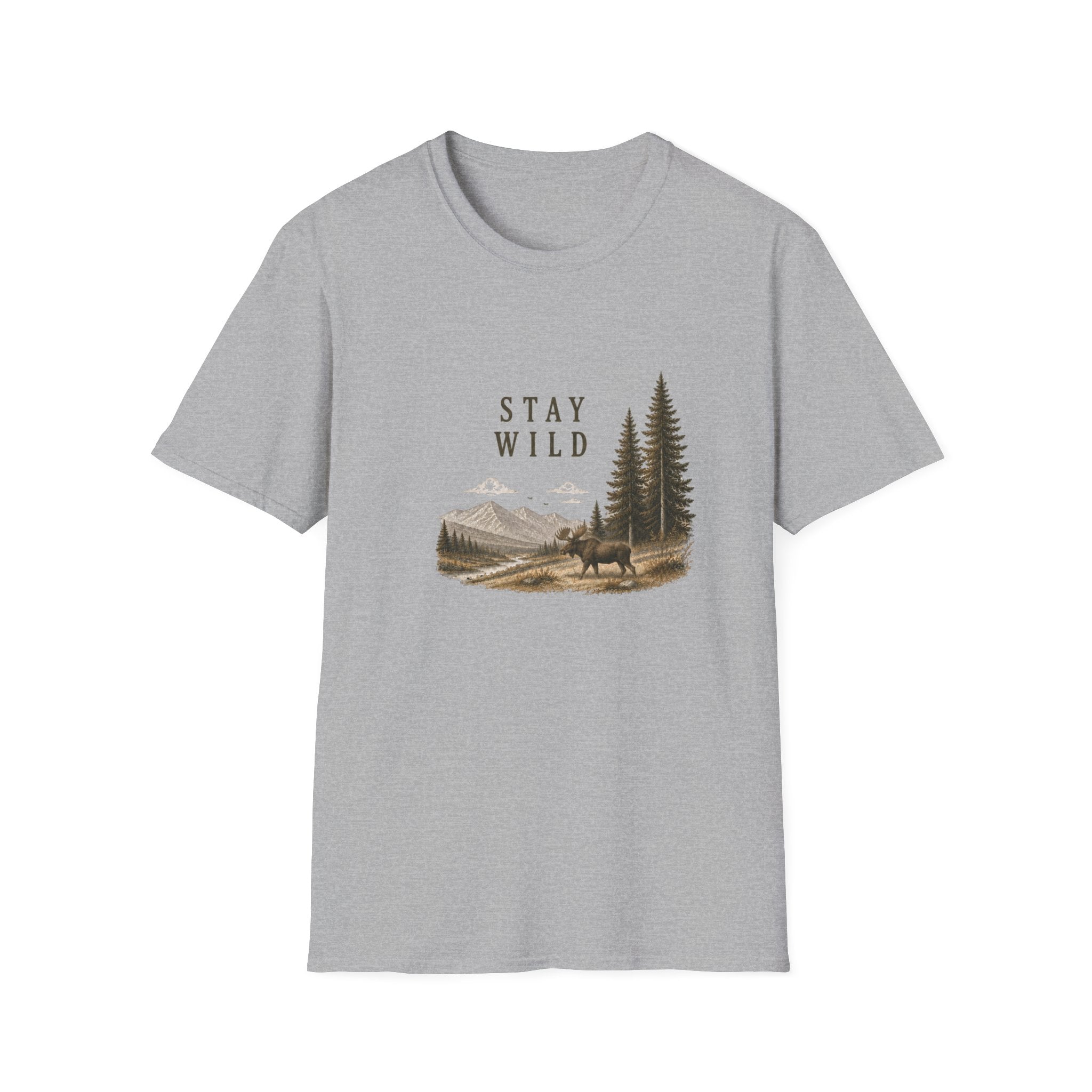 Stay Wild Moose T-Shirt — Mountain, Pine Trees Nature Graphic Tee