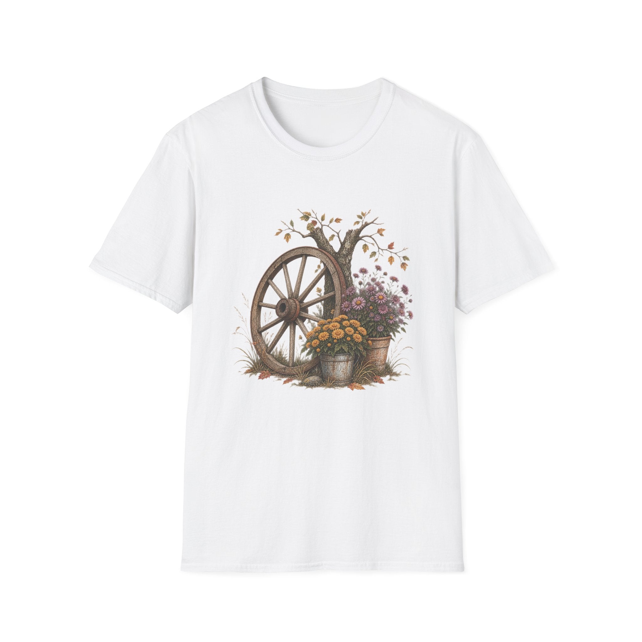 Vintage Wagon Wheel Floral Tee — Rustic Autumn Farmhouse T-Shirt