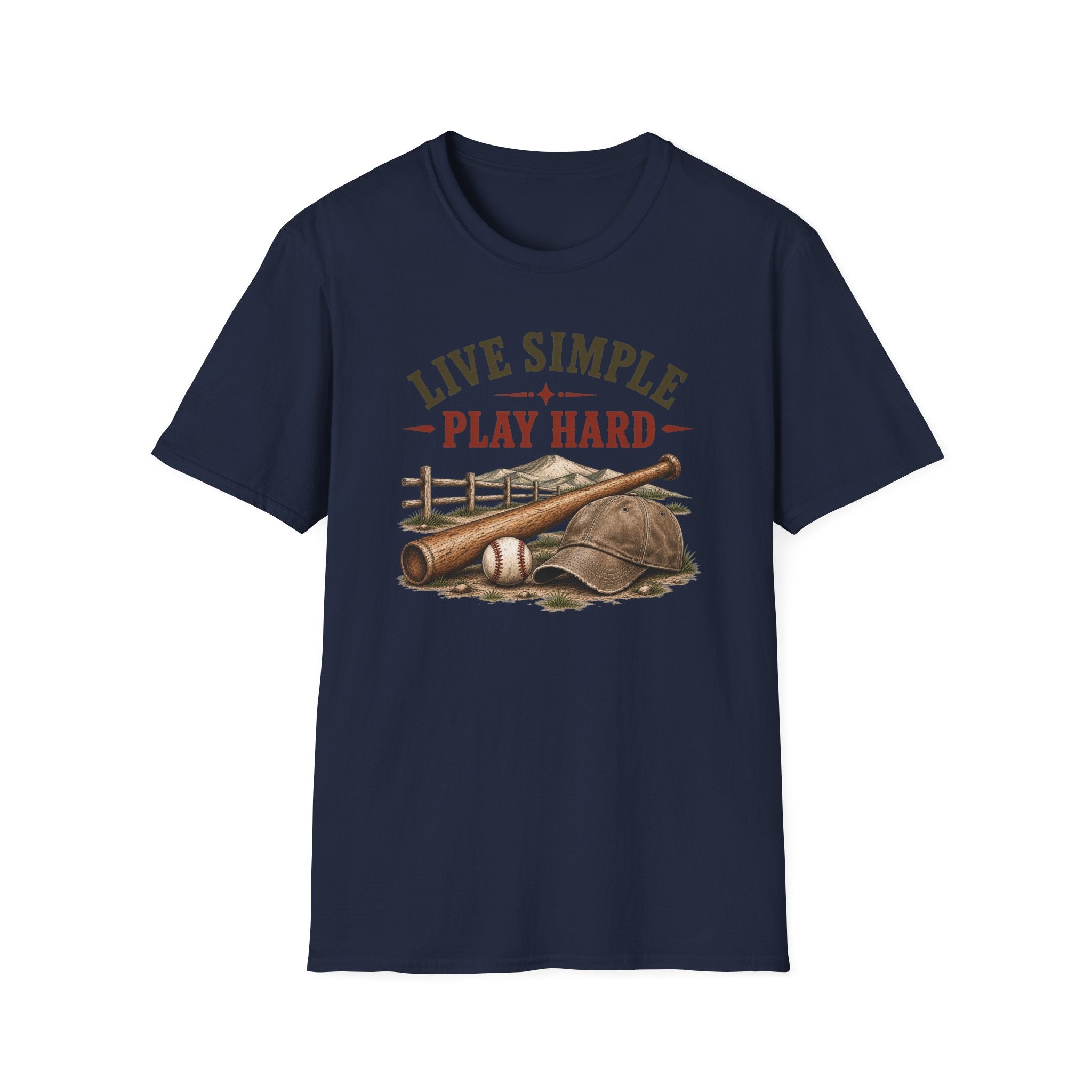 T-Shirt — "Live Simple Play Hard" Rustic Baseball Graphic