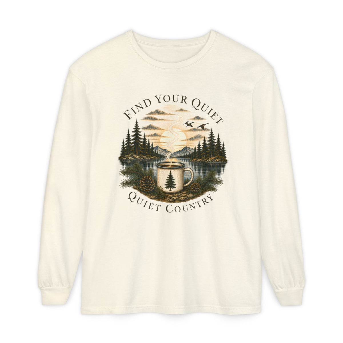 Find Your Quiet Long Sleeve Tee — Quiet Country Camping Graphic