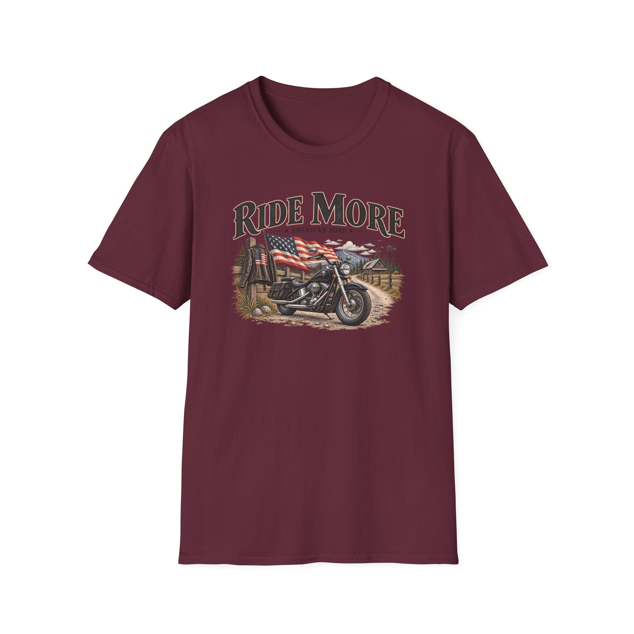 Ride More Motorcycle T-Shirt – American Road Biker Tee with Flag Scenic Design