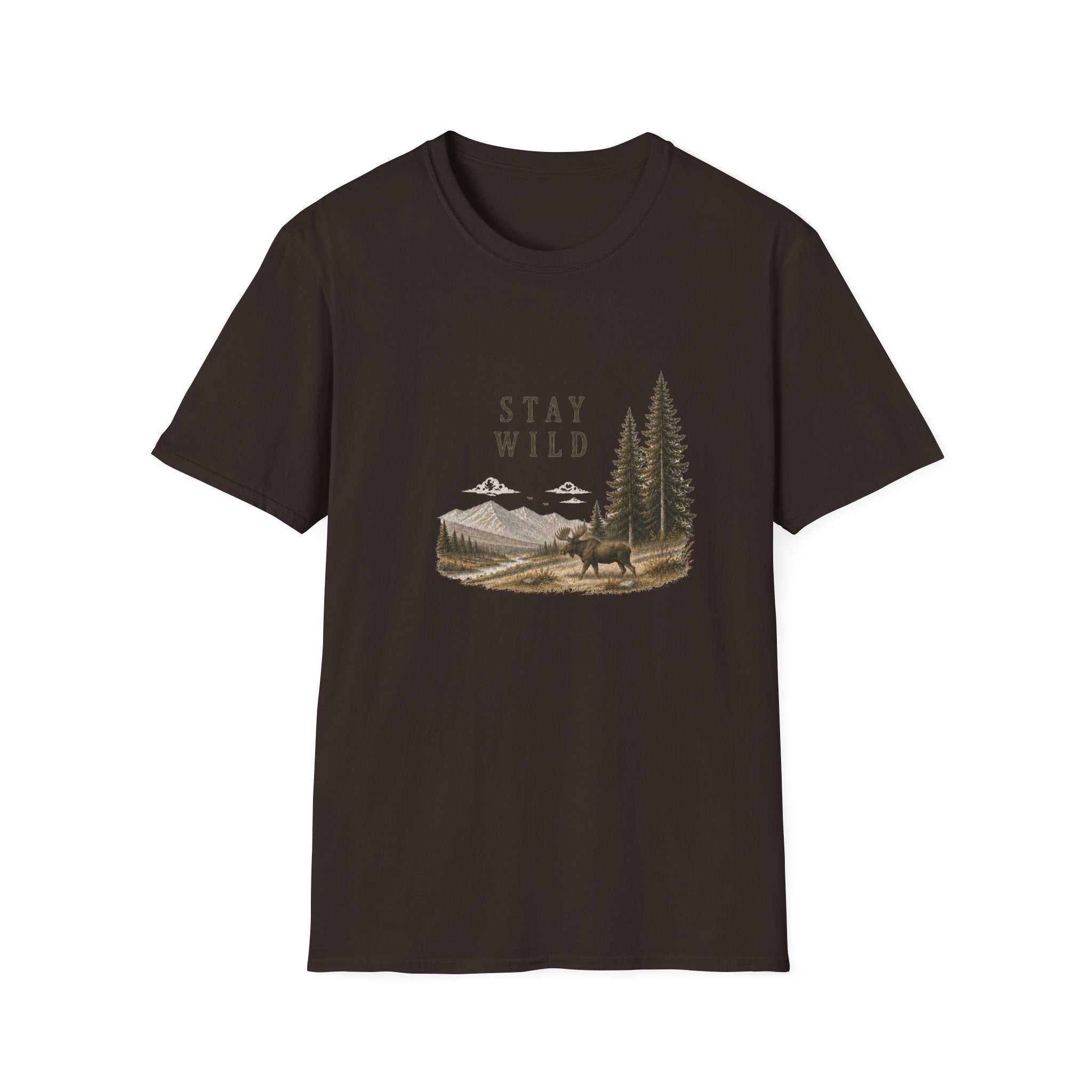 Stay Wild Moose T-Shirt — Mountain, Pine Trees Nature Graphic Tee