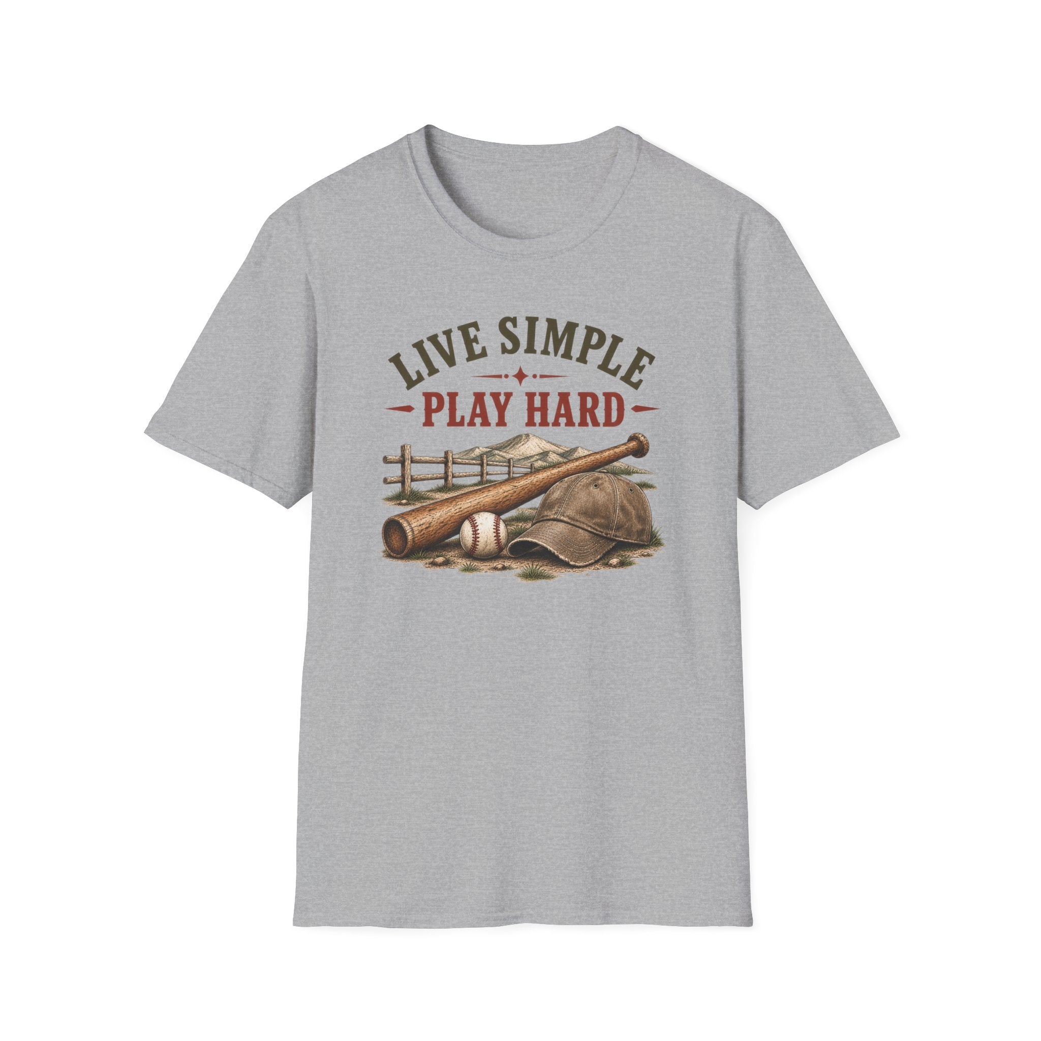 T-Shirt — "Live Simple Play Hard" Rustic Baseball Graphic