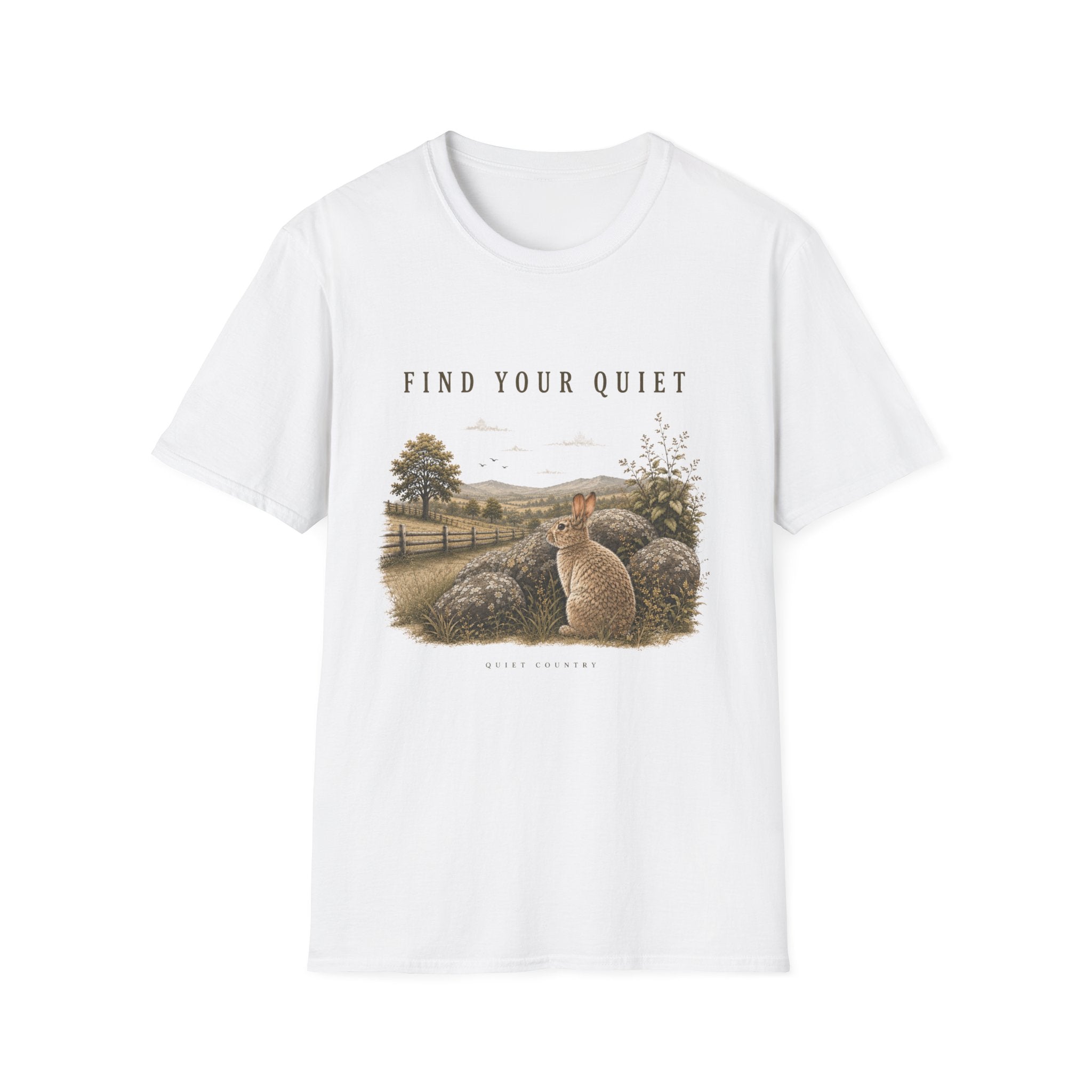 Find Your Quiet T-Shirt — Serene Countryside Rabbit Graphic Tee