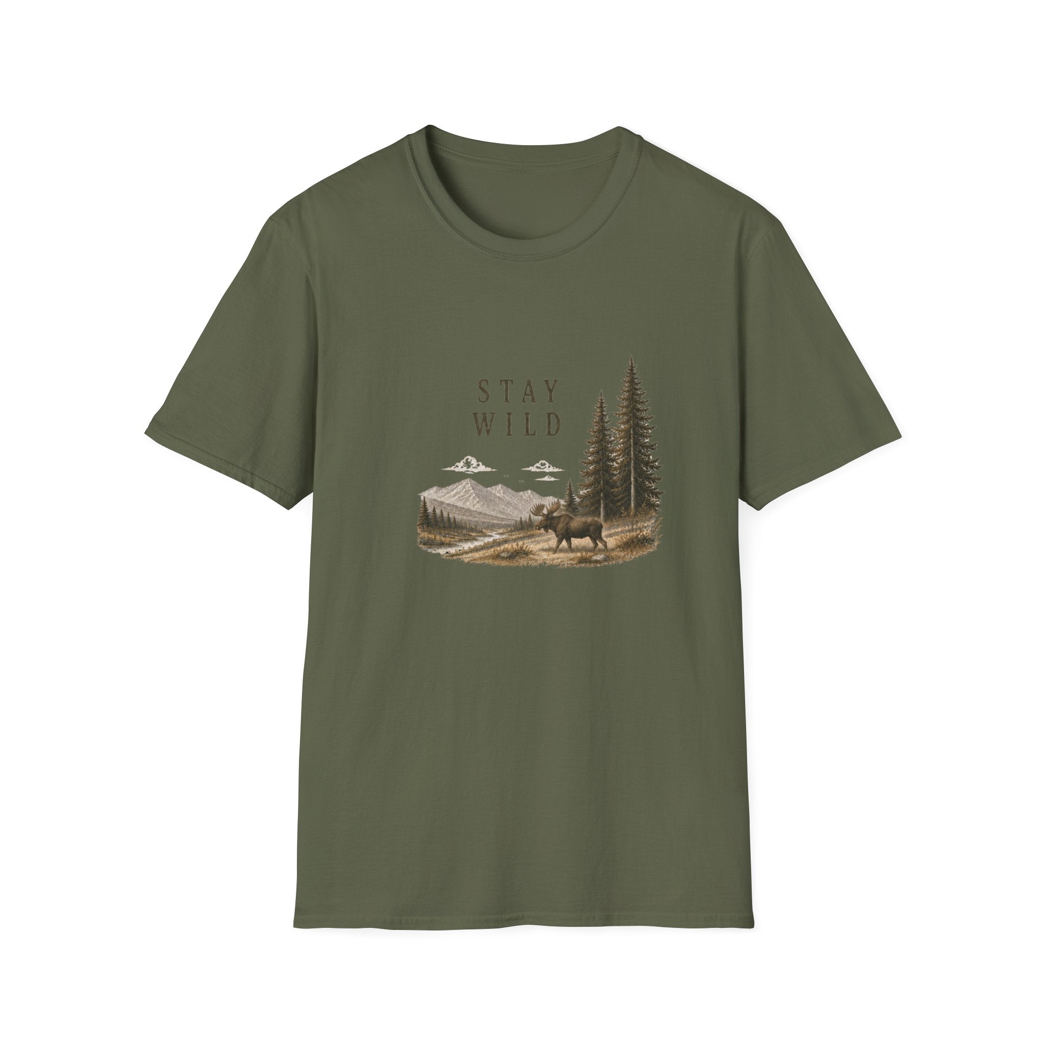Stay Wild Moose T-Shirt — Mountain, Pine Trees Nature Graphic Tee