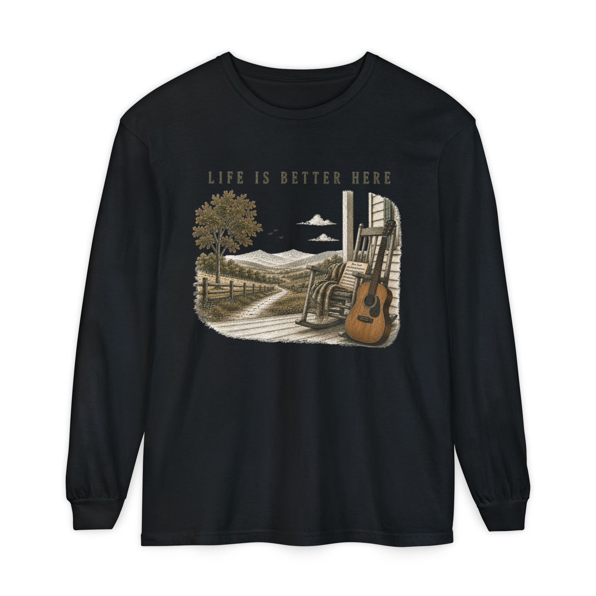 Life Is Better Here Porch Scene Guitar Long Sleeve Tee