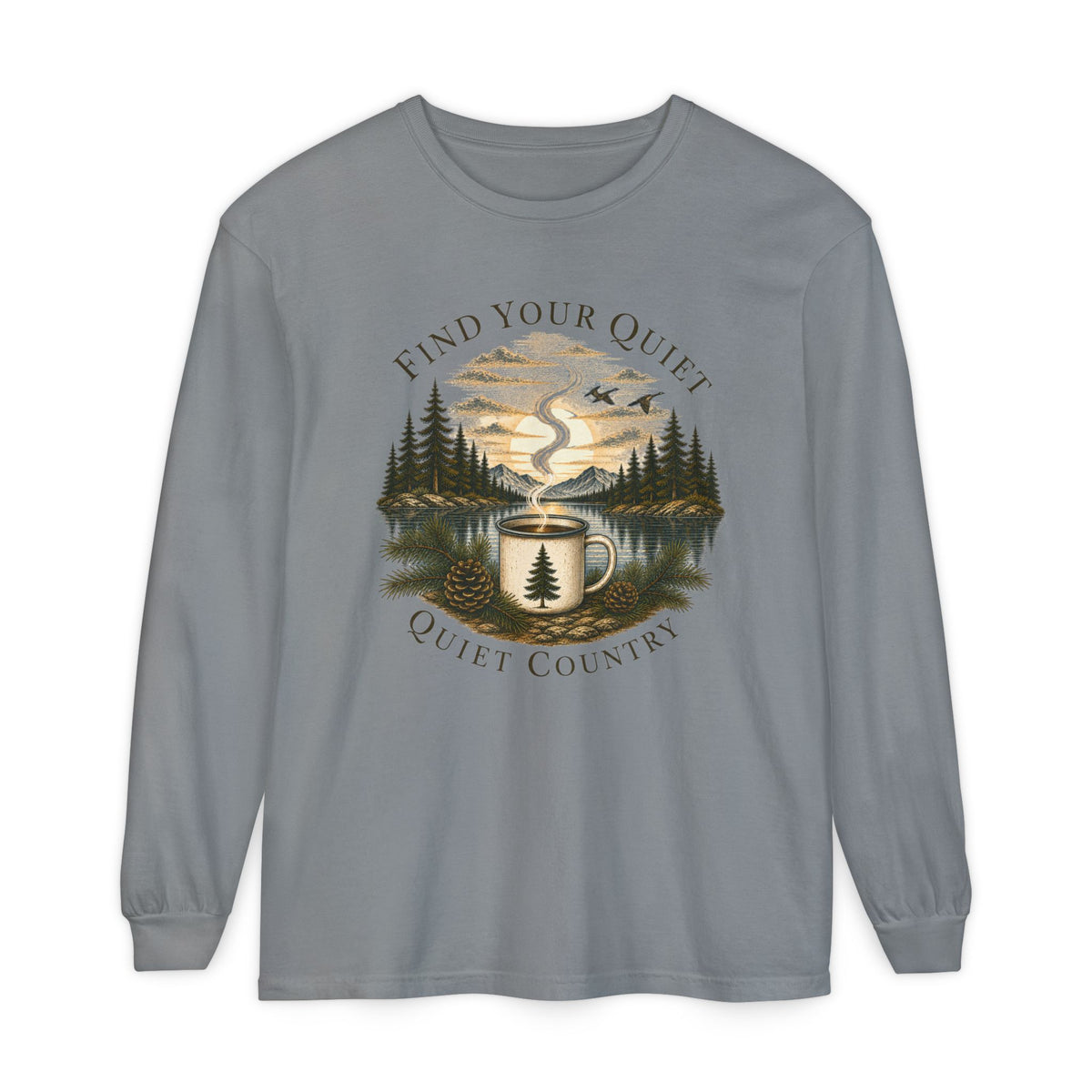 Find Your Quiet Long Sleeve Tee — Quiet Country Camping Graphic
