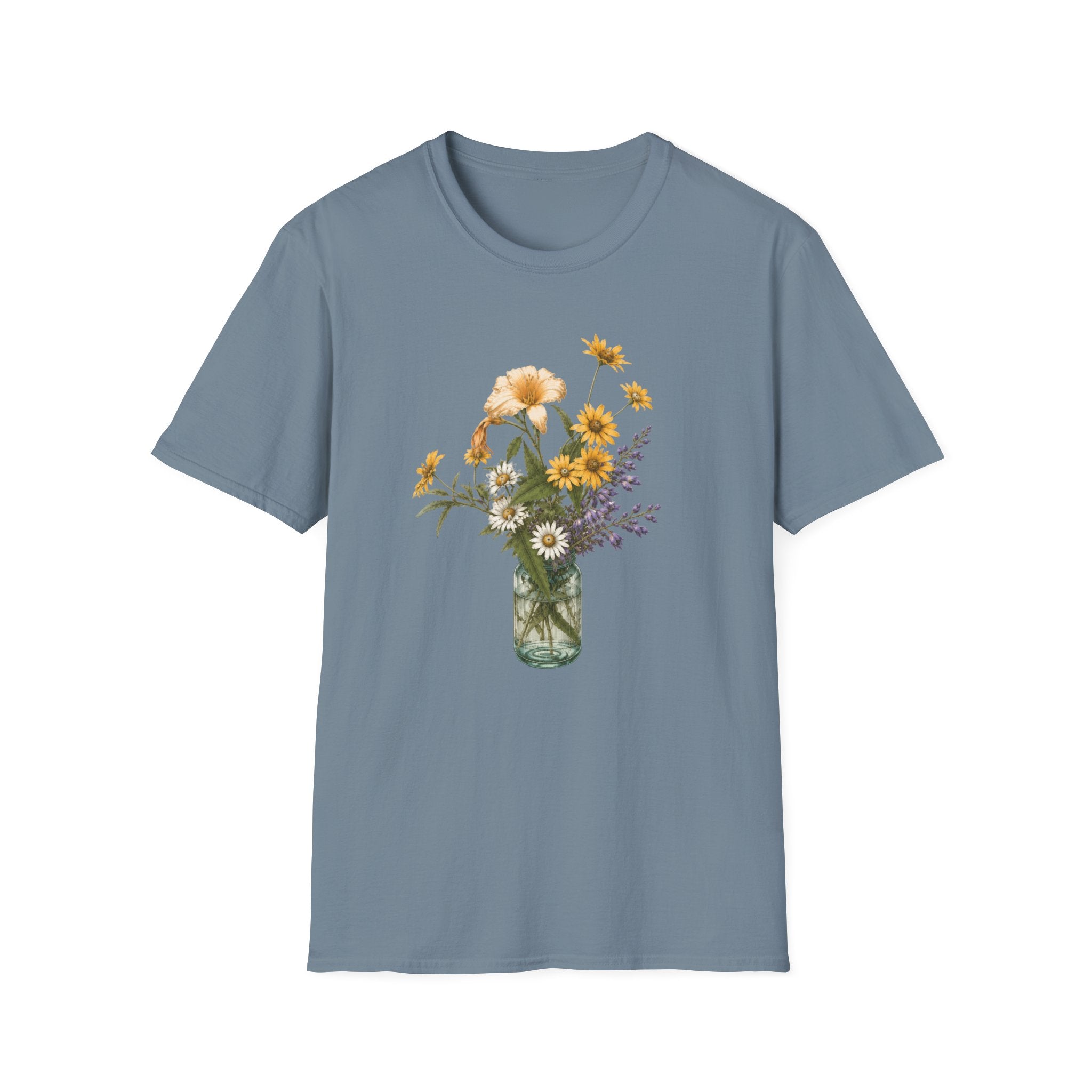 Floral Mason Jar Tee — Yellow Sunflower Bouquet Graphic Shirt