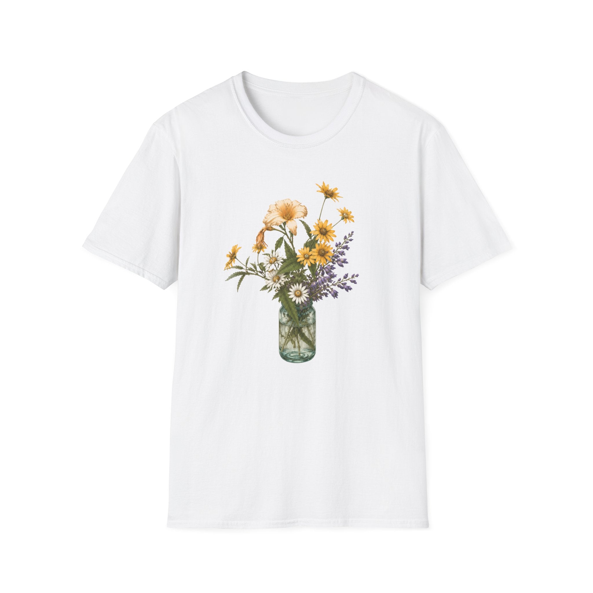 Floral Mason Jar Tee — Yellow Sunflower Bouquet Graphic Shirt