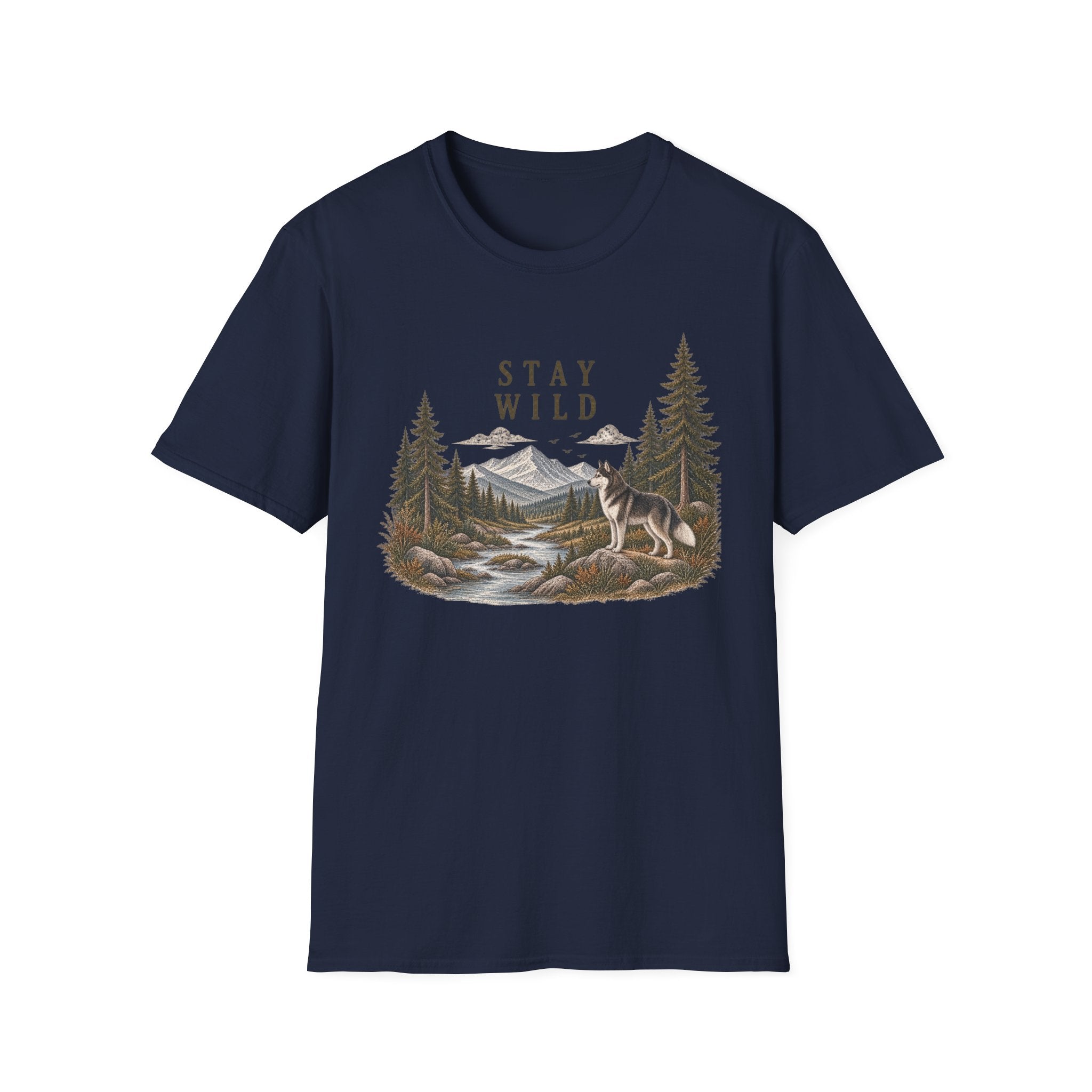 Stay Wild Mountain Wolf T-Shirt — Nature Graphic Tee for Outdoor Lovers