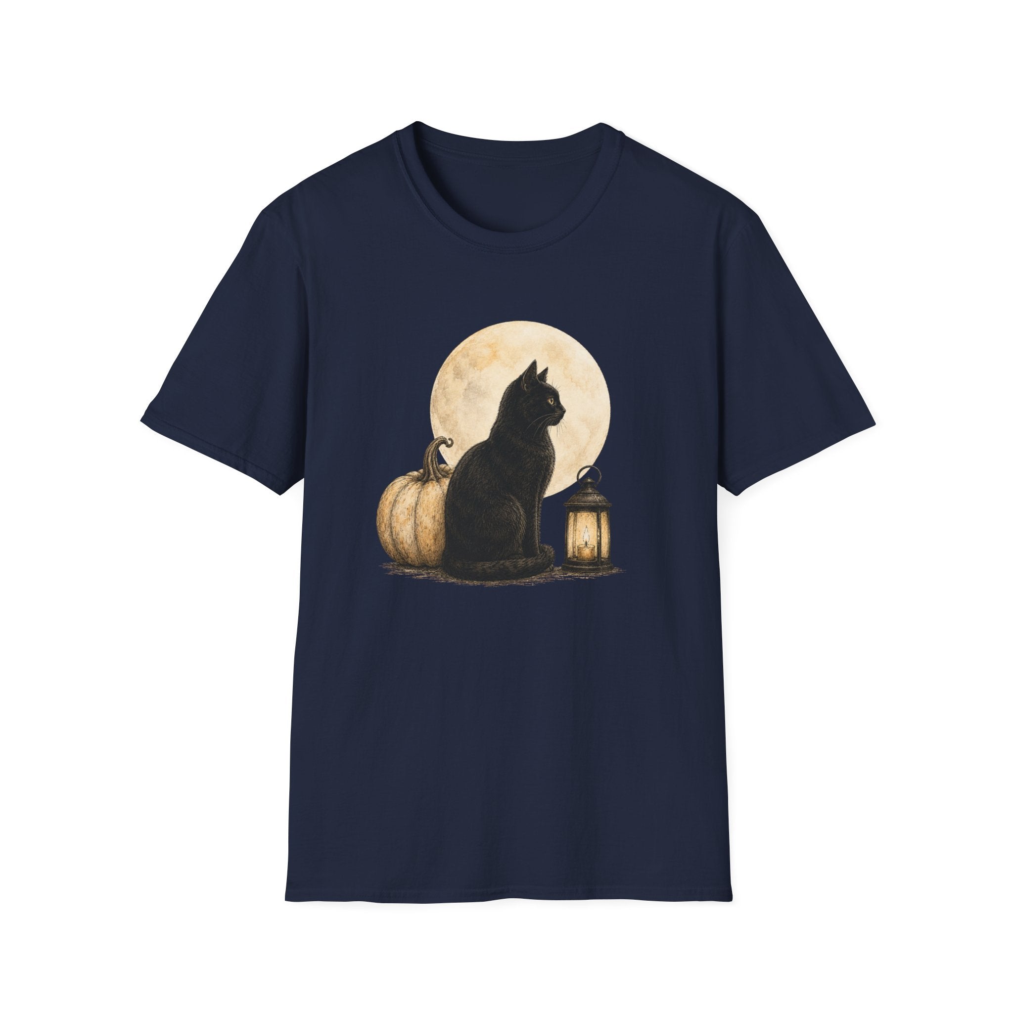 Black Cat Moon T‑Shirt — Halloween Pumpkin & Lantern Graphic Tee