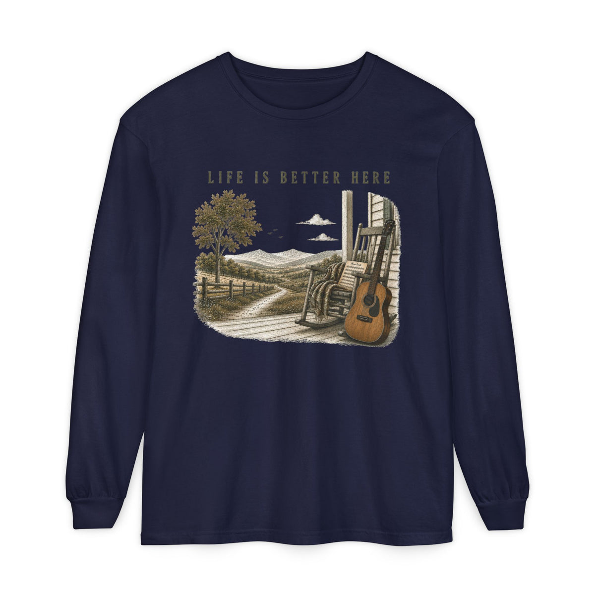 Life Is Better Here Porch Scene Guitar Long Sleeve Tee