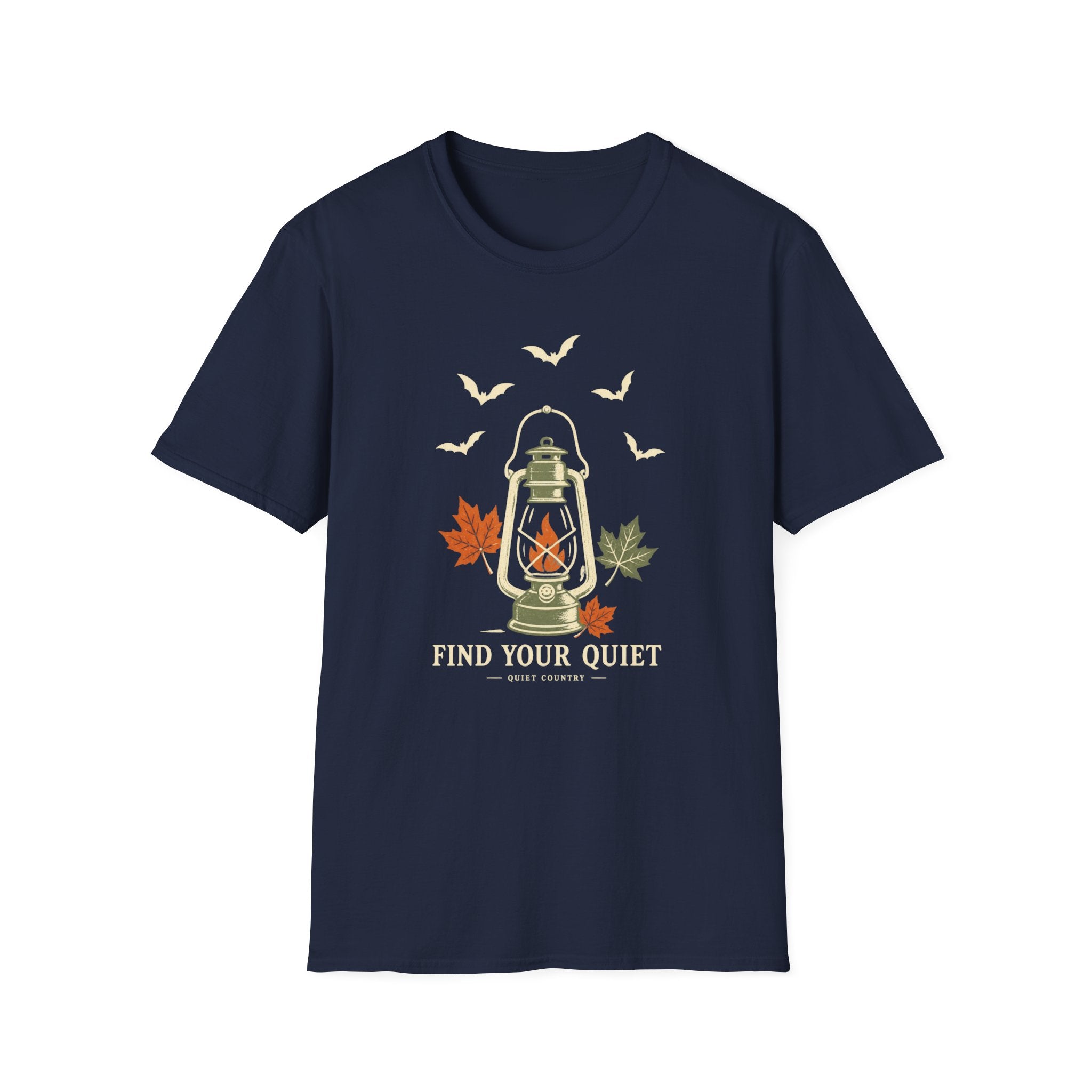 Lantern & Bats Tee — "Find Your Quiet" Autumn Graphic T-Shirt