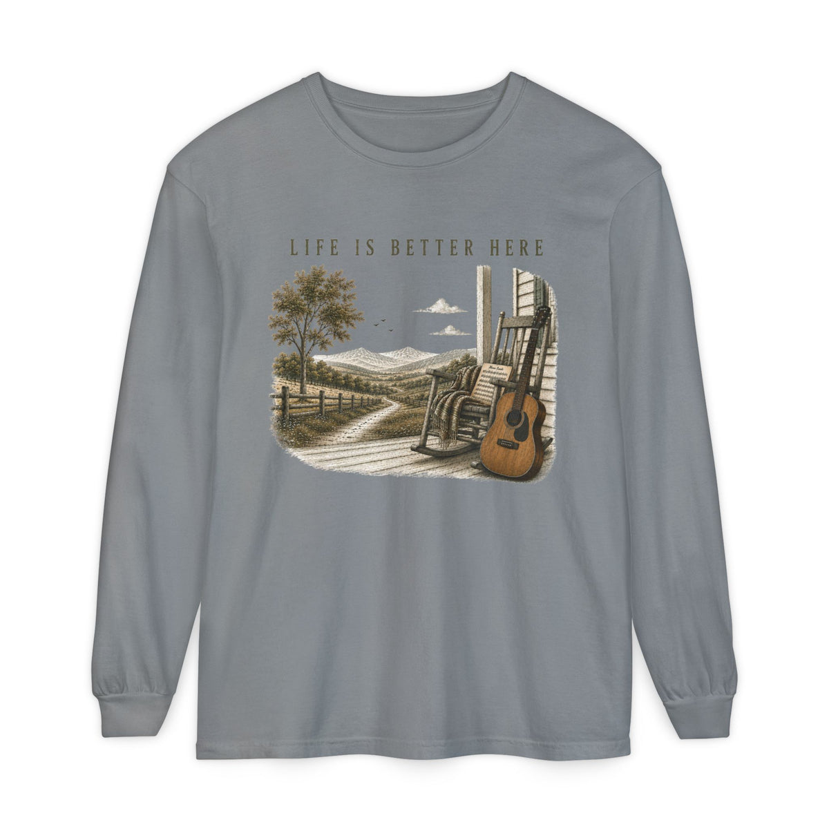 Life Is Better Here Porch Scene Guitar Long Sleeve Tee
