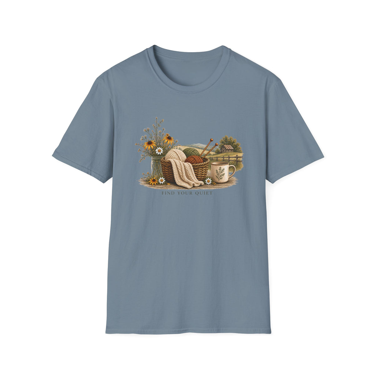 Cozy Cottage Knits T-Shirt — Yarn Basket, Mug & Wildflowers Graphic
