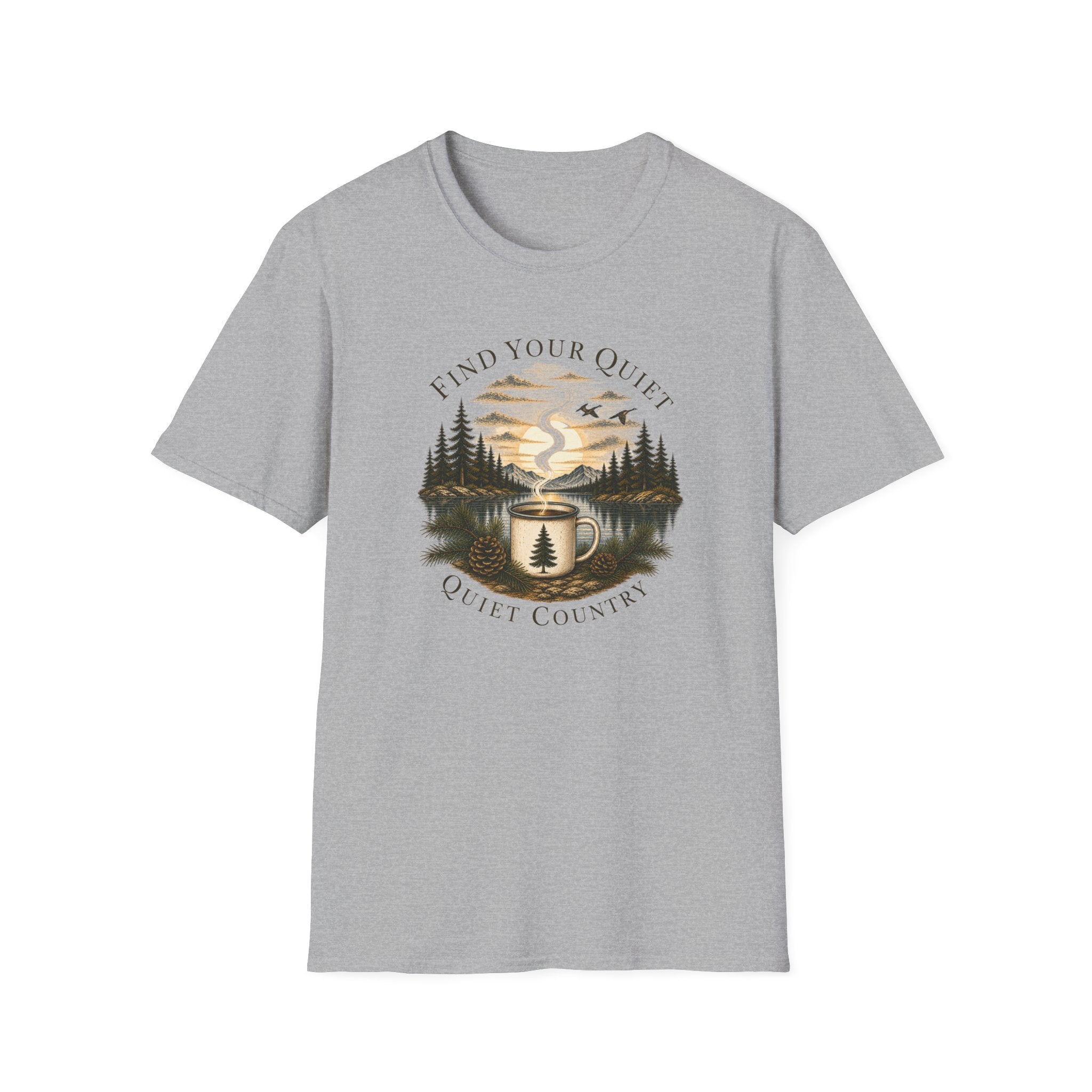 Find Your Quiet Coffee Tee — Mountain Lake Mug Graphic T-Shirt