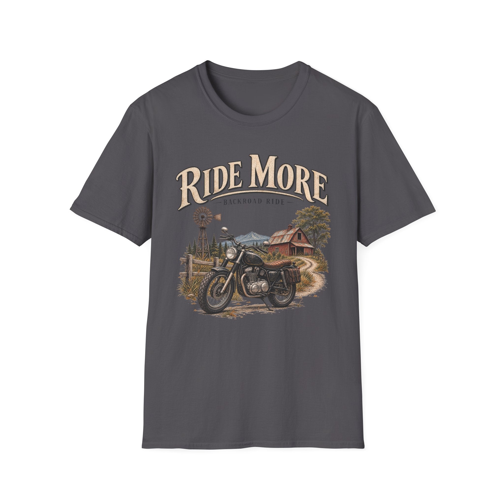 Ride More Motorcycle T-Shirt — Vintage Backroad Biker Graphic