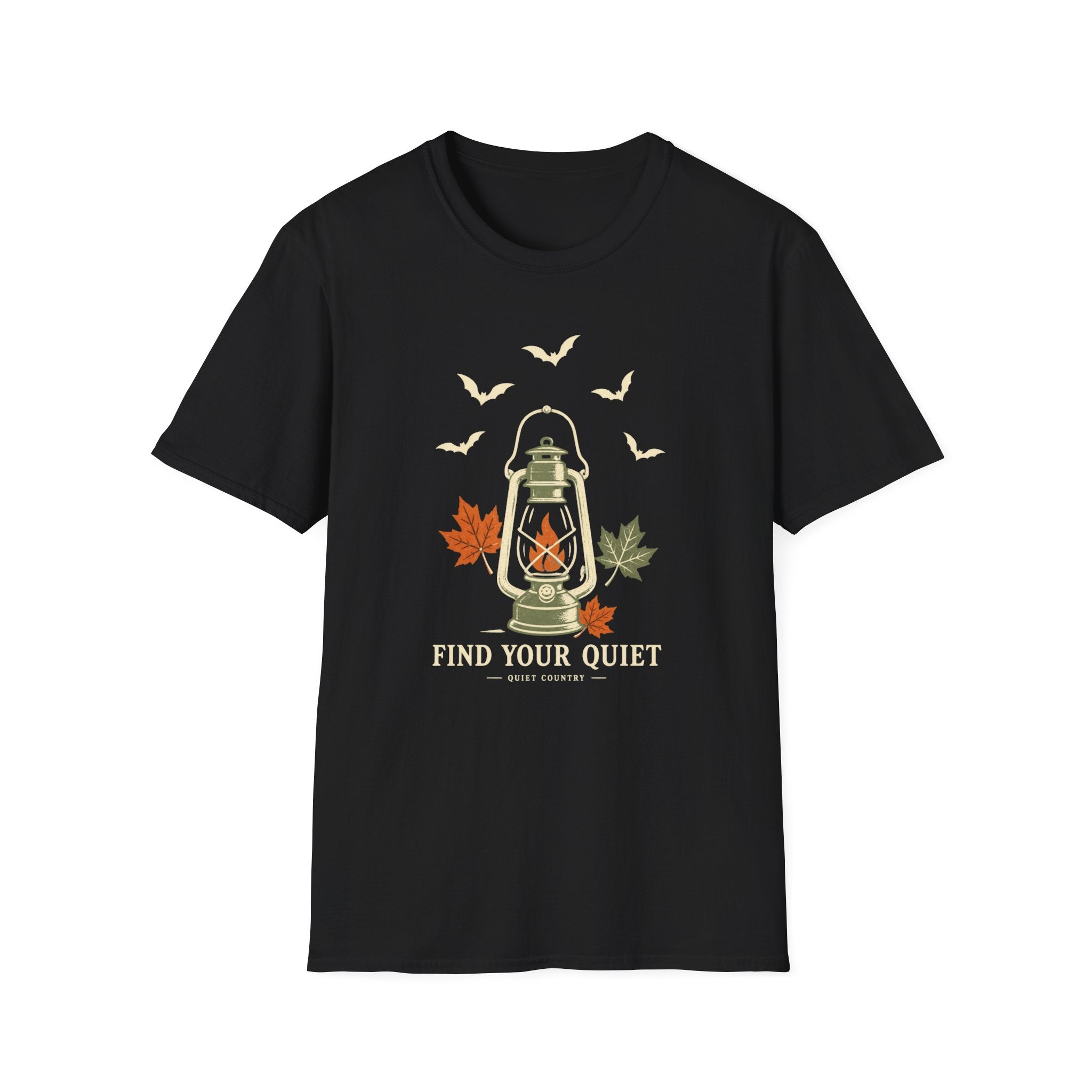 Lantern & Bats Tee — "Find Your Quiet" Autumn Graphic T-Shirt