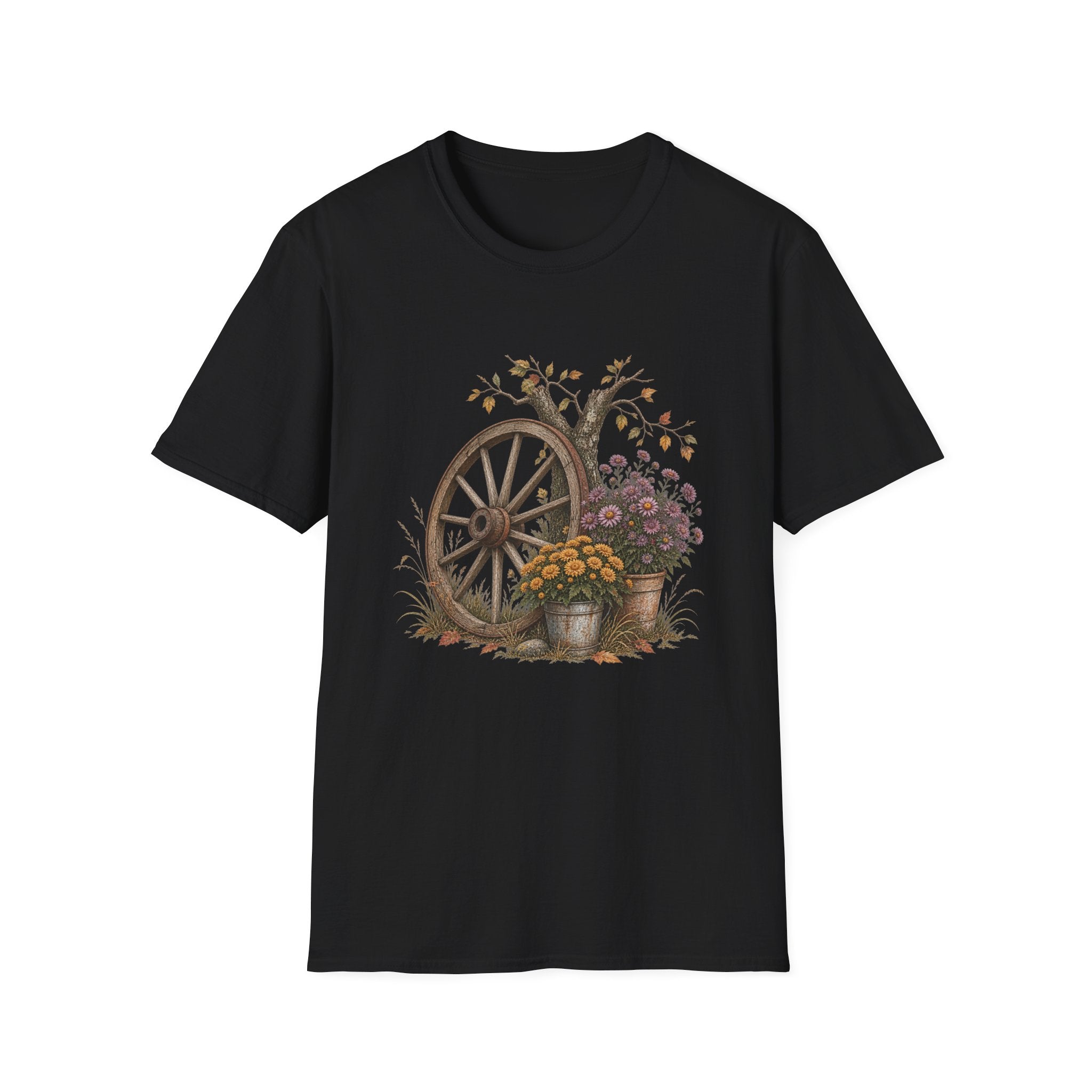 Vintage Wagon Wheel Floral Tee — Rustic Autumn Farmhouse T-Shirt