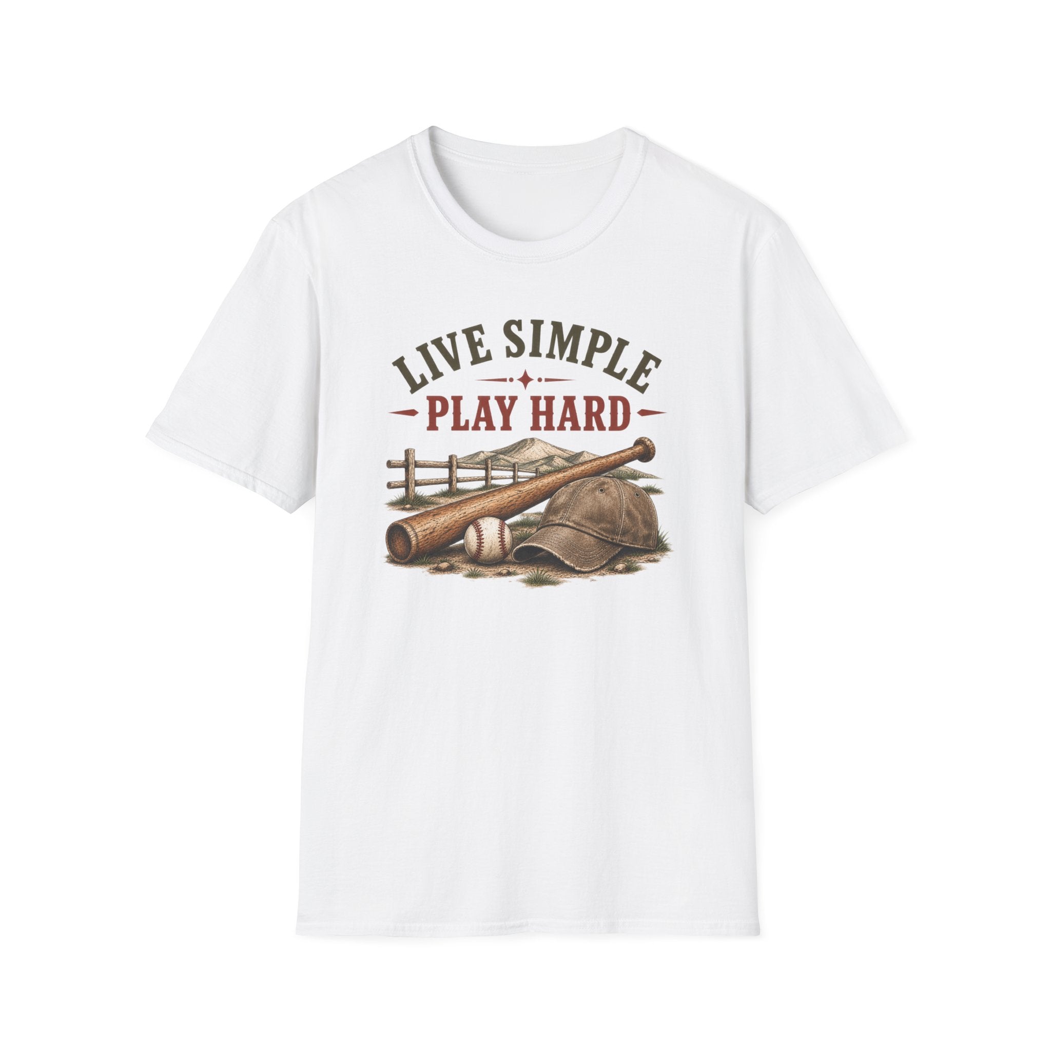 T-Shirt — "Live Simple Play Hard" Rustic Baseball Graphic