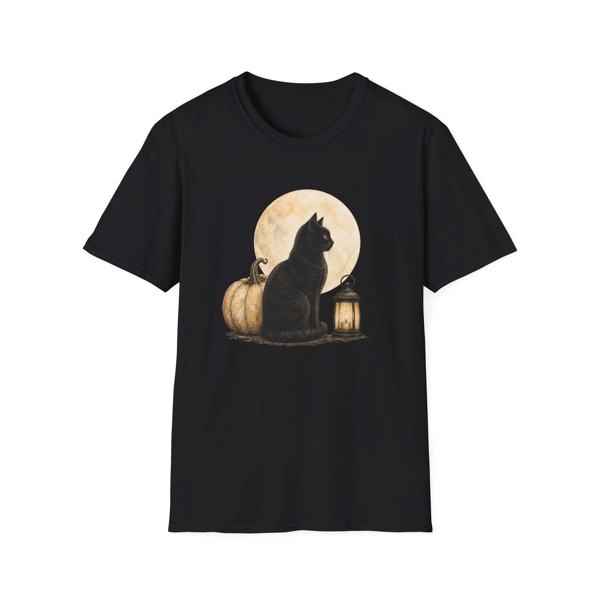 Black Cat Moon T‑Shirt — Halloween Pumpkin & Lantern Graphic Tee
