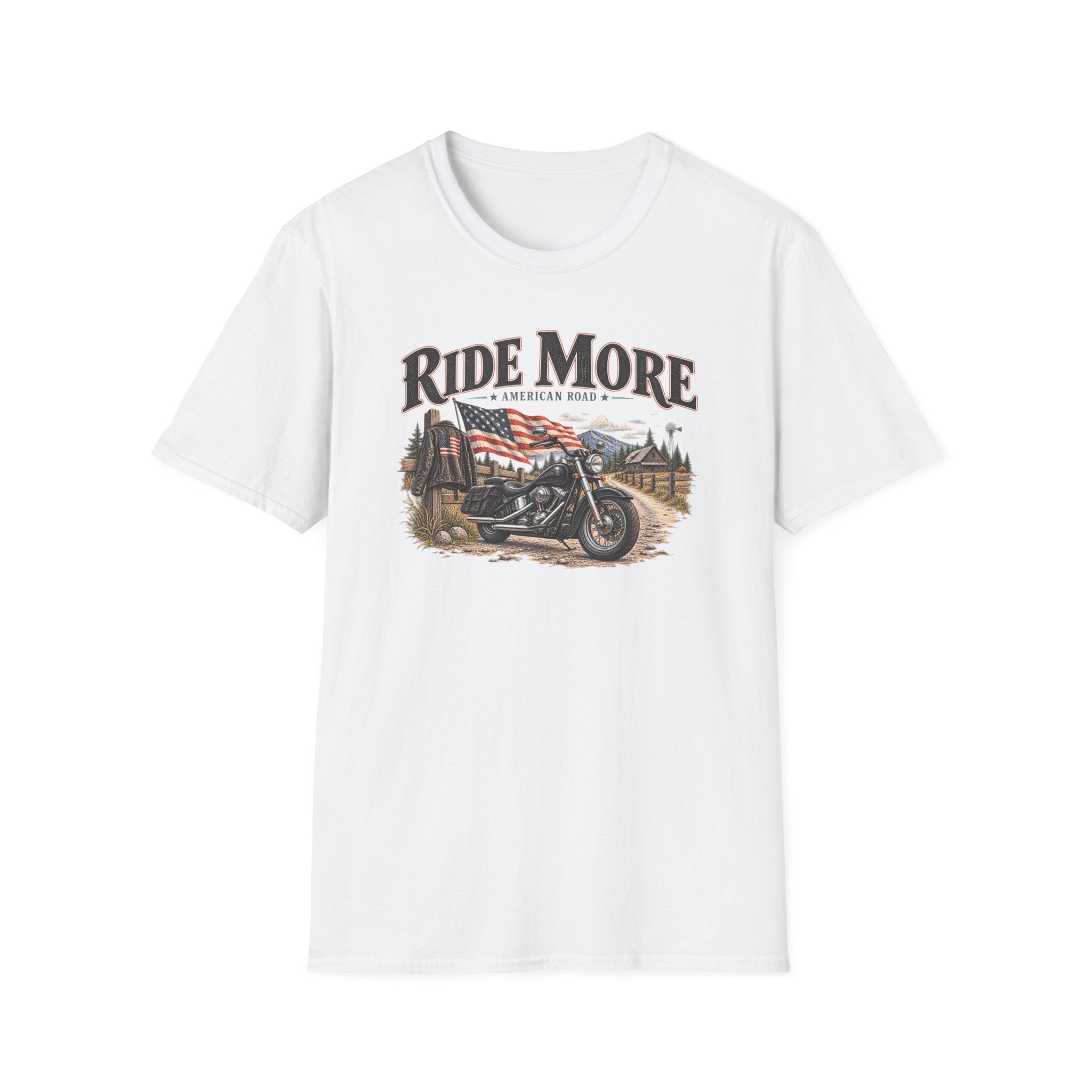 Ride More Motorcycle T-Shirt – American Road Biker Tee with Flag Scenic Design