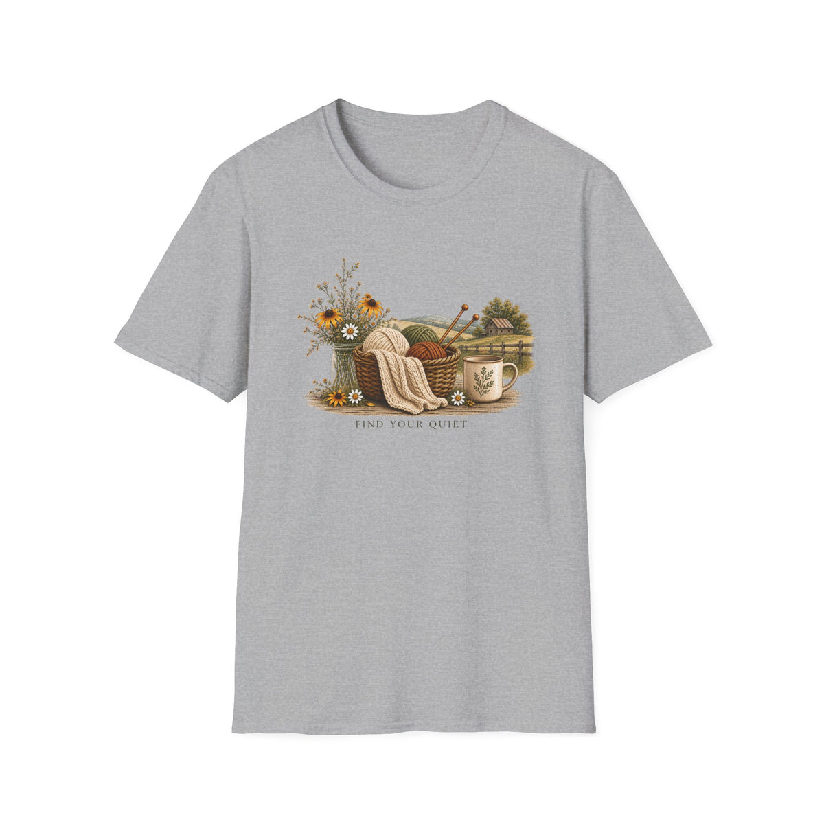 Cozy Cottage Knits T-Shirt — Yarn Basket, Mug & Wildflowers Graphic