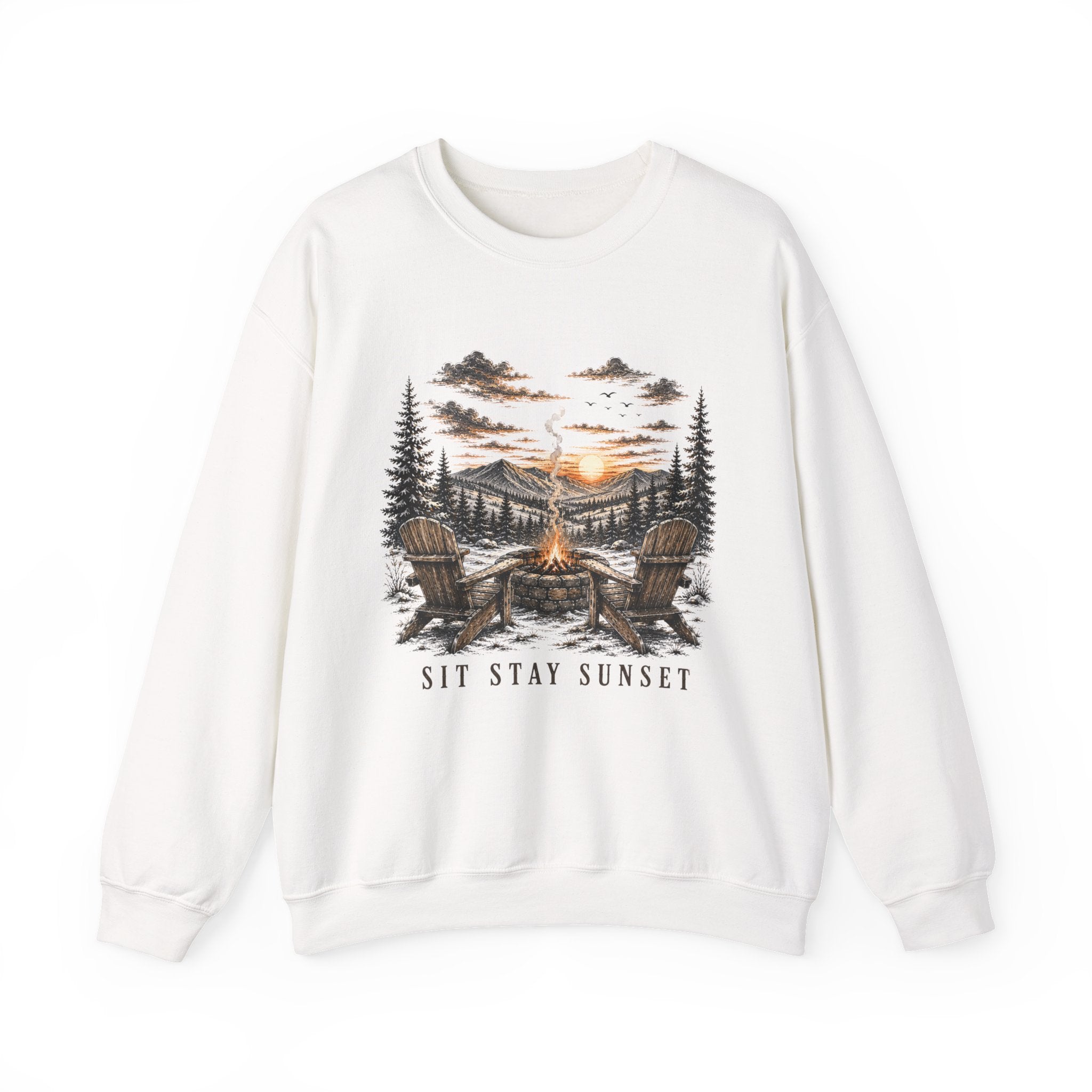 Sunset Campfire Crewneck Sweatshirt — "Sit • Stay • Sunset" Outdoor Graphic