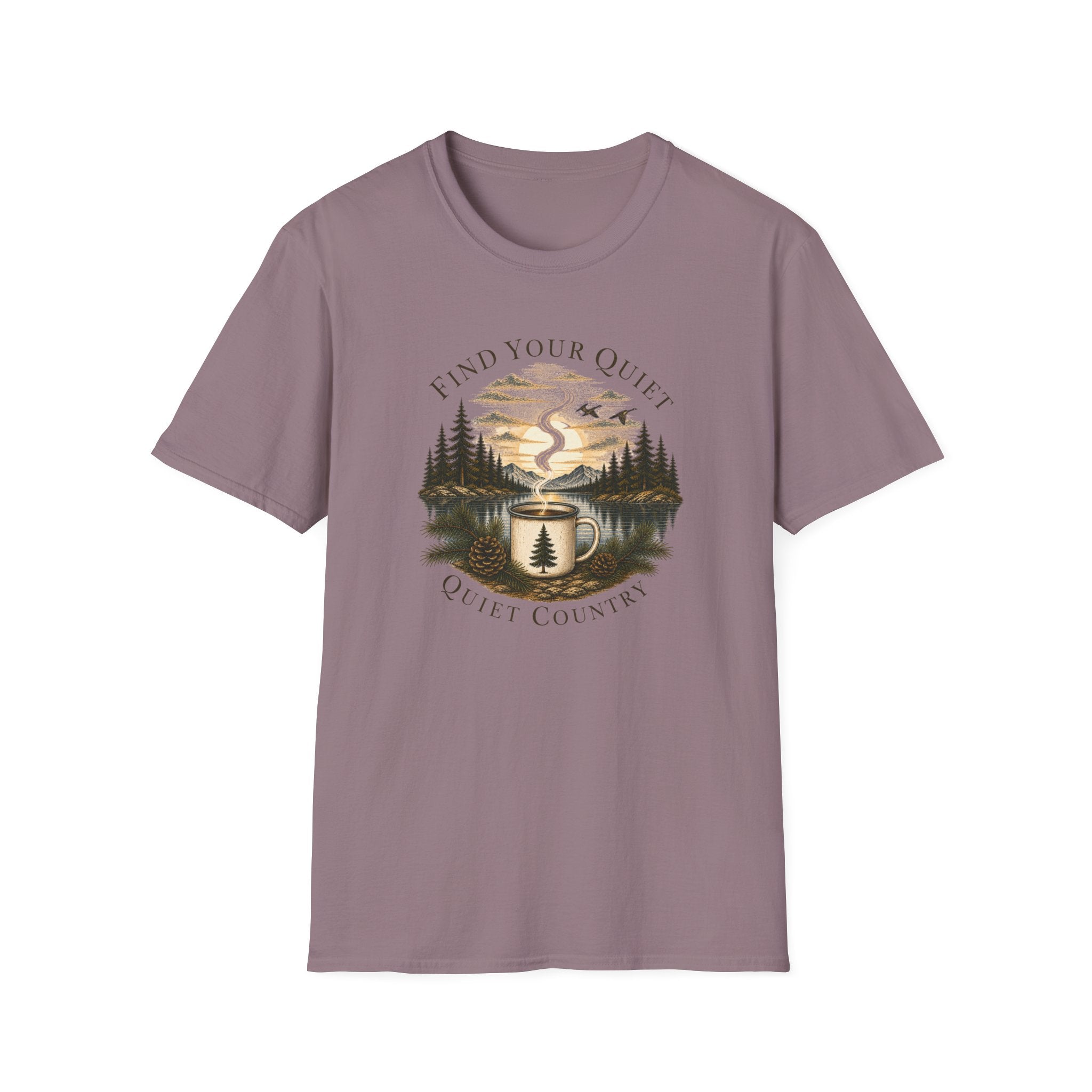 Find Your Quiet Coffee Tee — Mountain Lake Mug Graphic T-Shirt