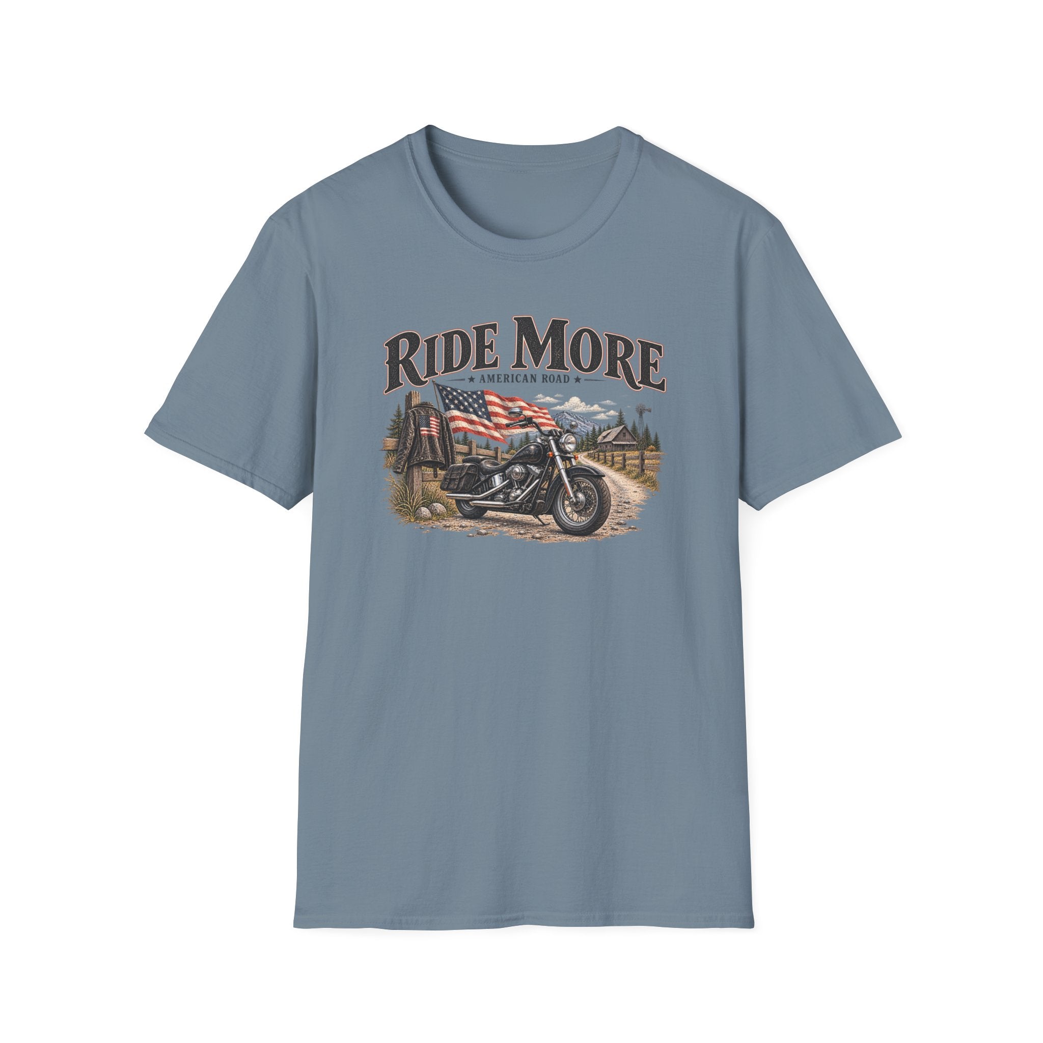 Ride More Motorcycle T-Shirt – American Road Biker Tee with Flag Scenic Design
