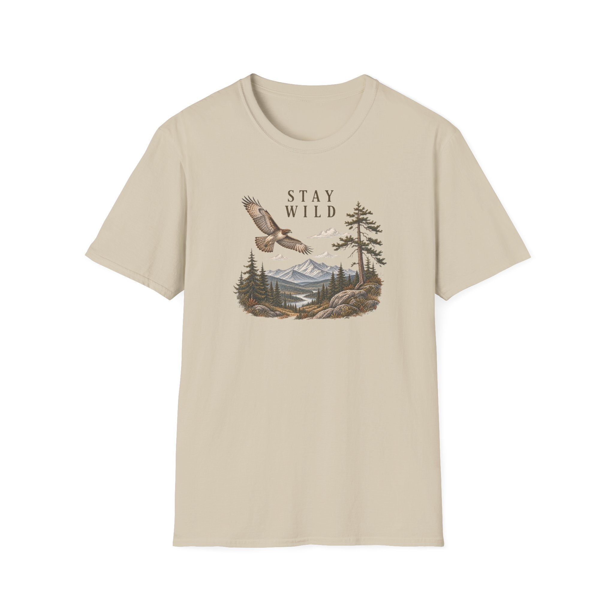 Stay Wild Mountain Hawk T-Shirt — Vintage Mountain & Hawk Graphic for Outdoor Lovers