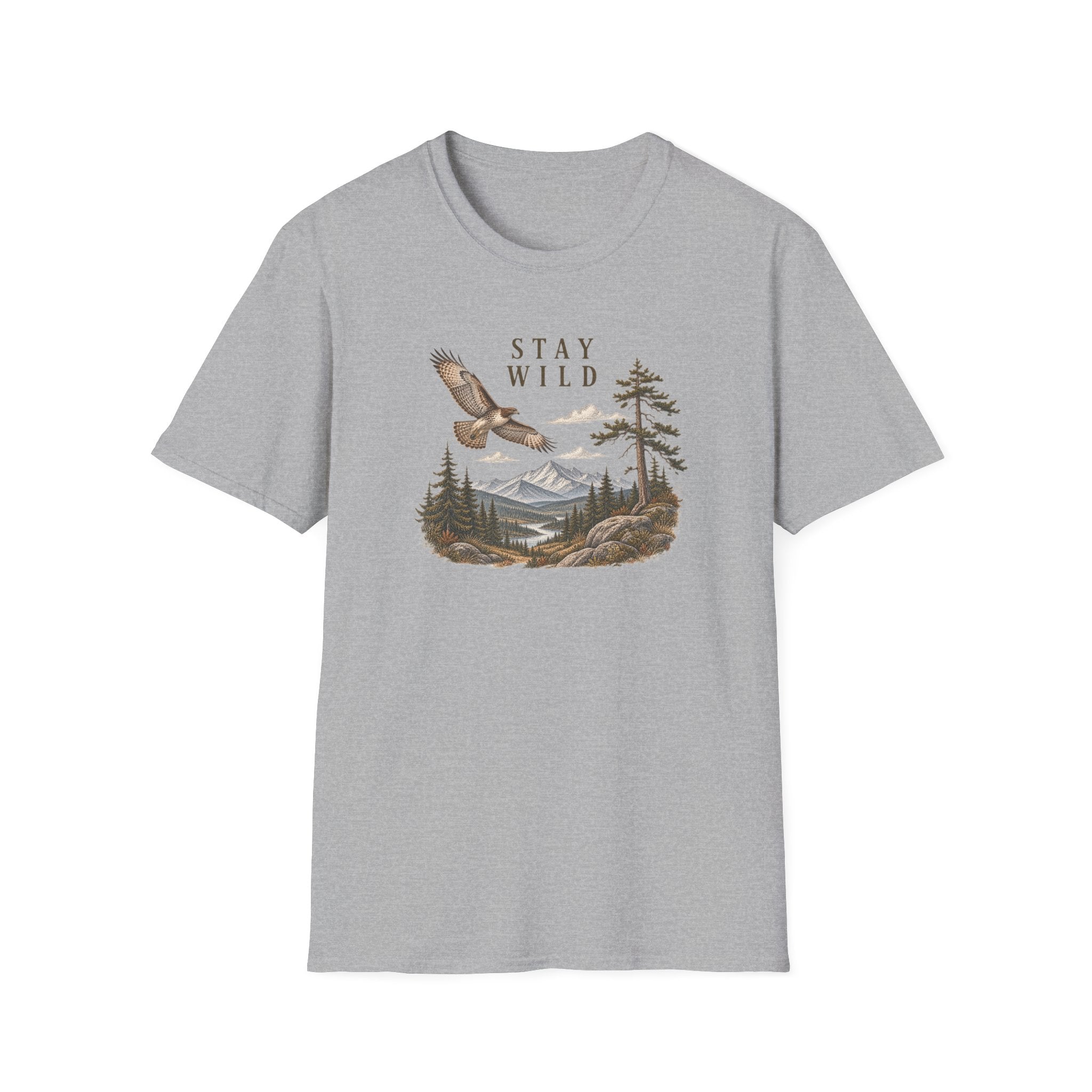 Stay Wild Mountain Hawk T-Shirt — Vintage Mountain & Hawk Graphic for Outdoor Lovers