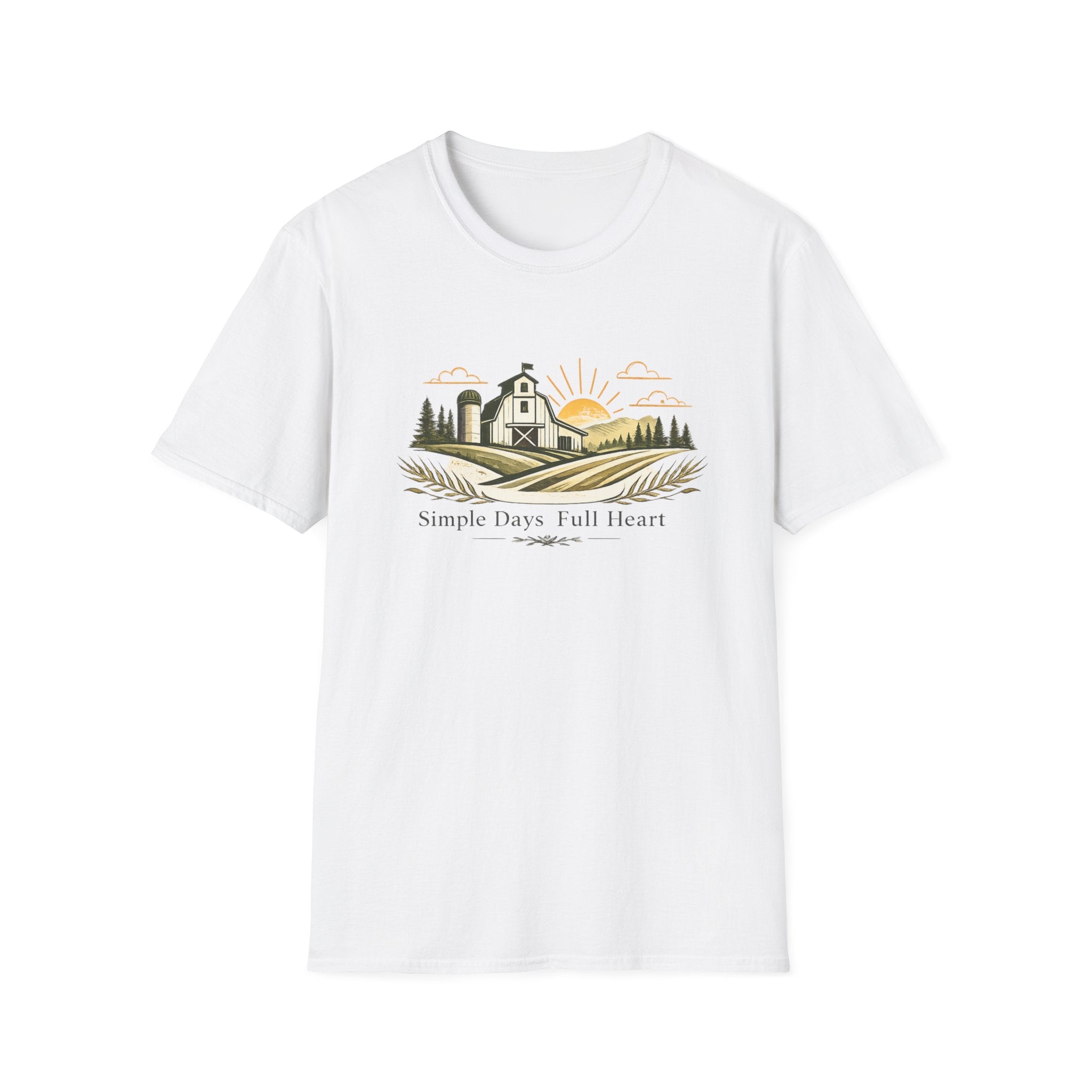 Farmhouse Sunset T-Shirt — "Simple Days Full Heart" Rustic Country Tee