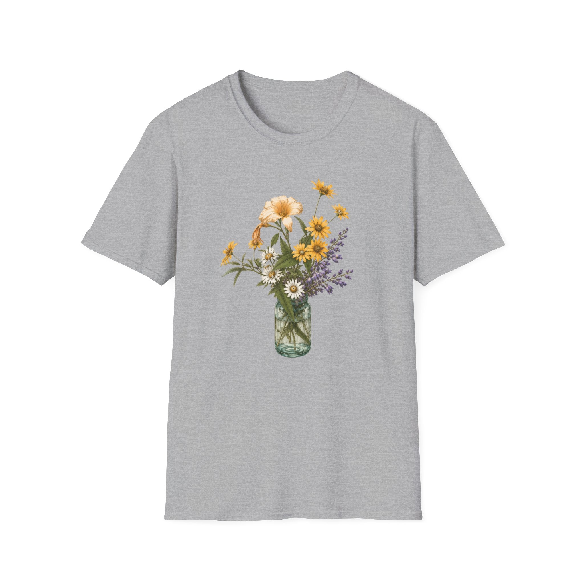 Floral Mason Jar Tee — Yellow Sunflower Bouquet Graphic Shirt