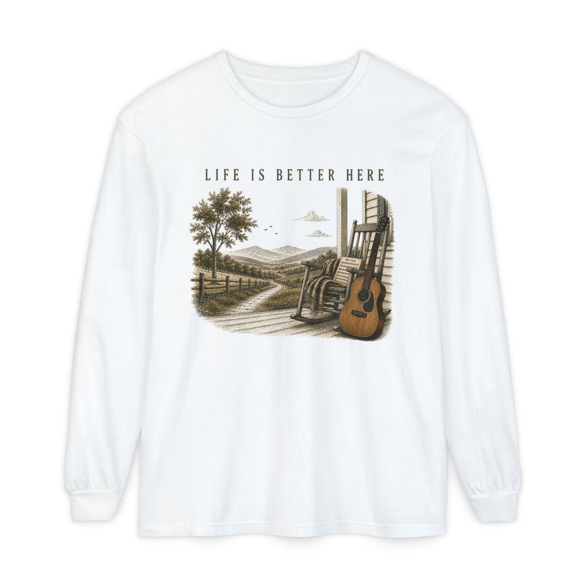 Life Is Better Here Porch Scene Guitar Long Sleeve Tee