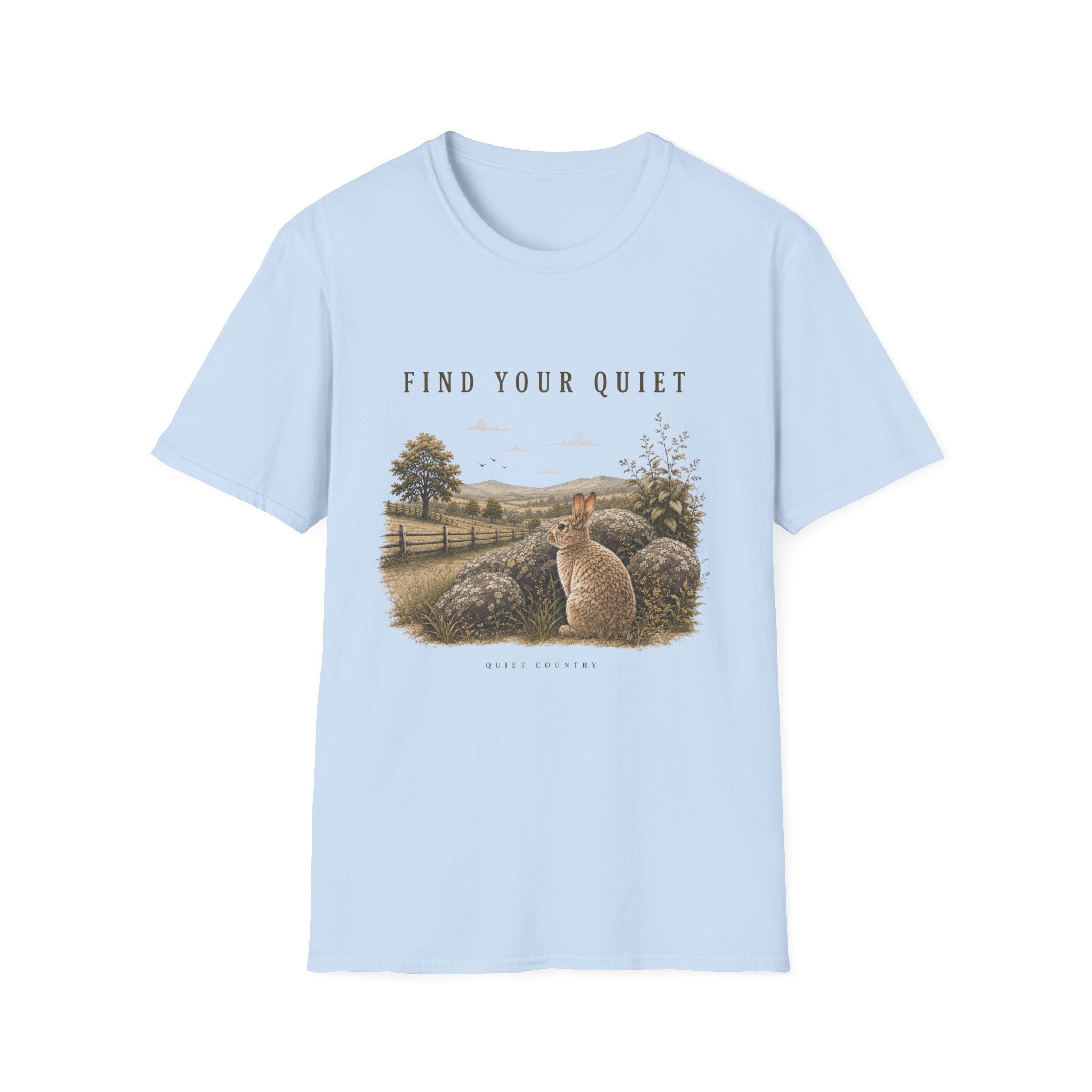 Find Your Quiet T-Shirt — Serene Countryside Rabbit Graphic Tee