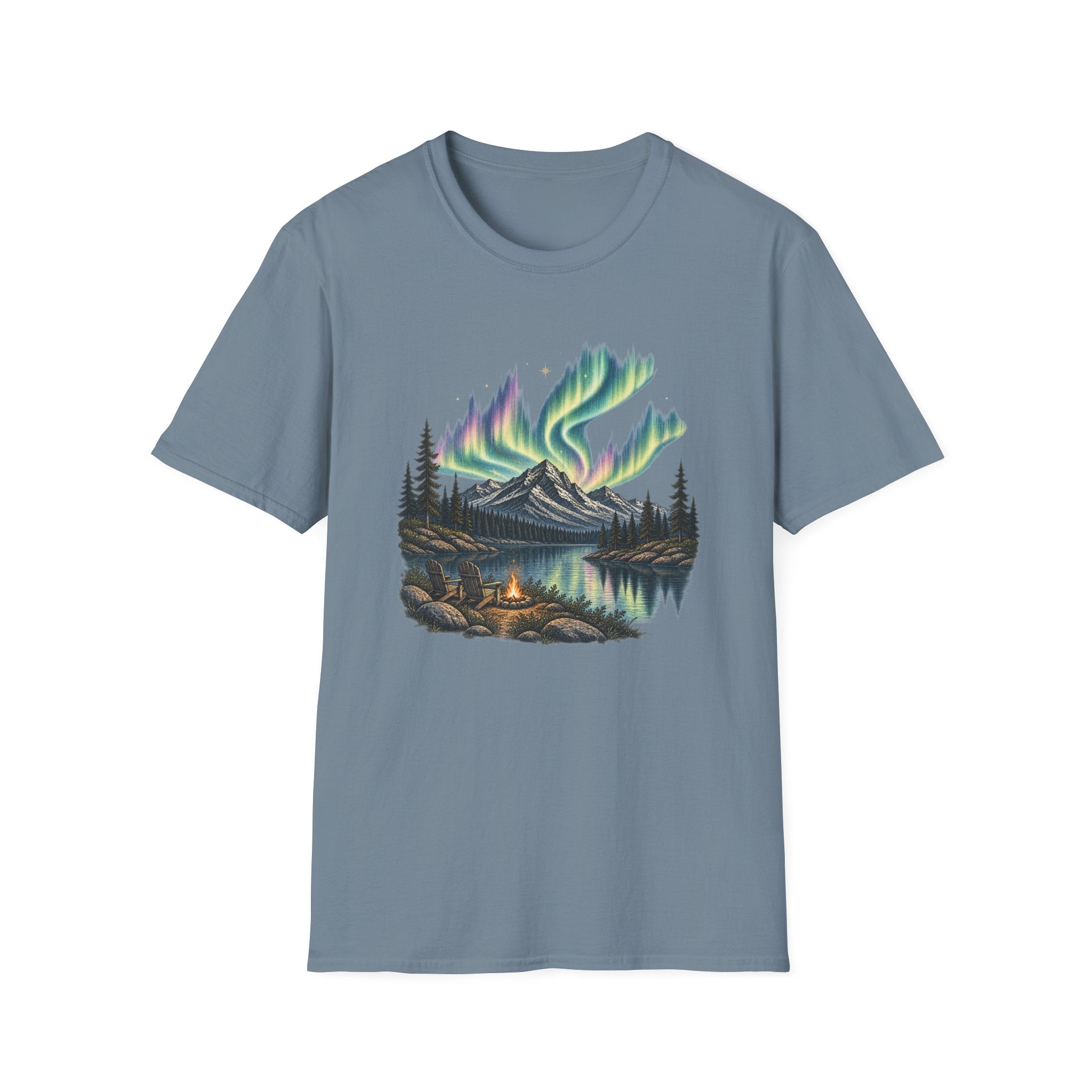 Aurora Mountain Tee — Northern Lights Camping T-Shirt