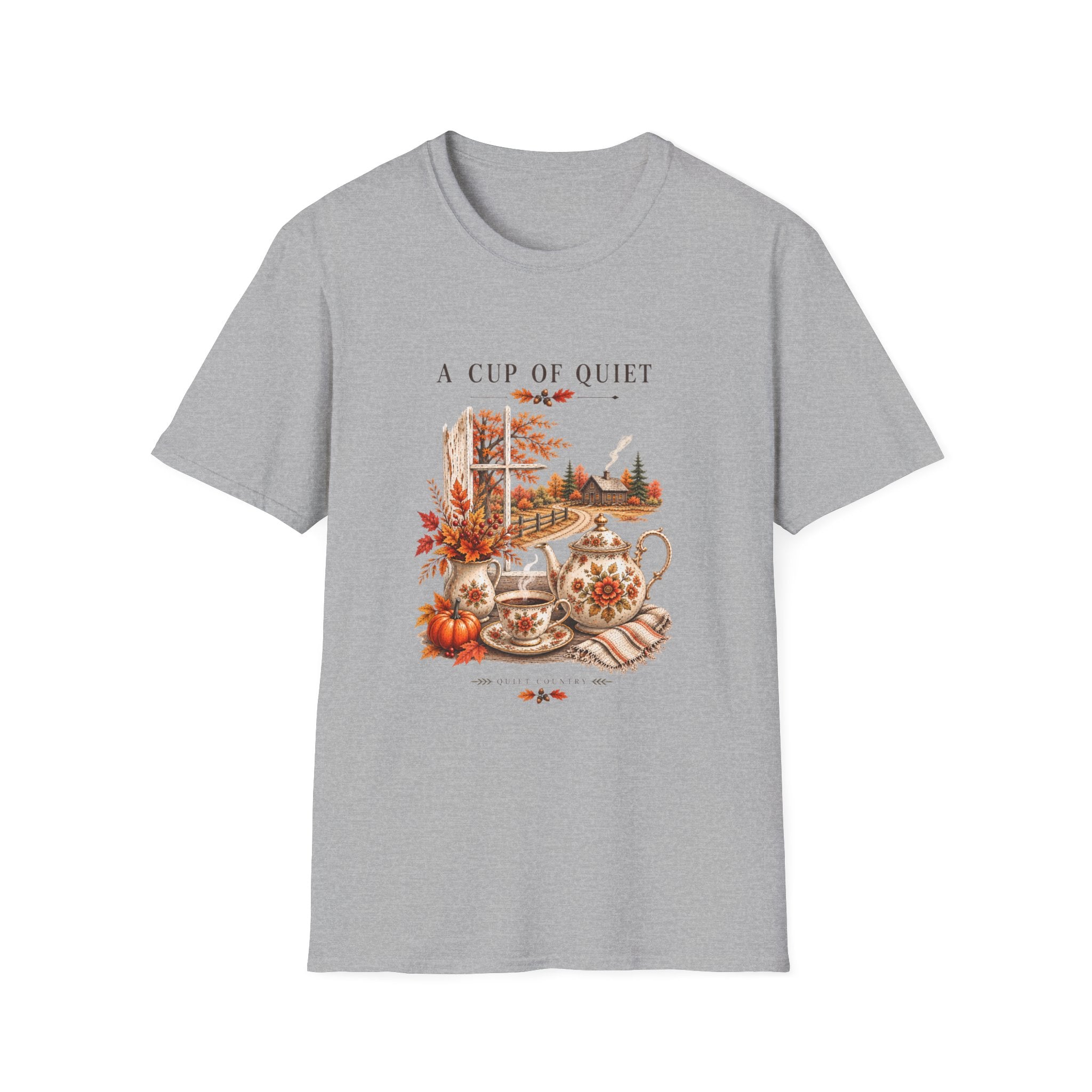 A Cup of Quiet Tee — Cozy Autumn Cottage Graphic T-Shirt