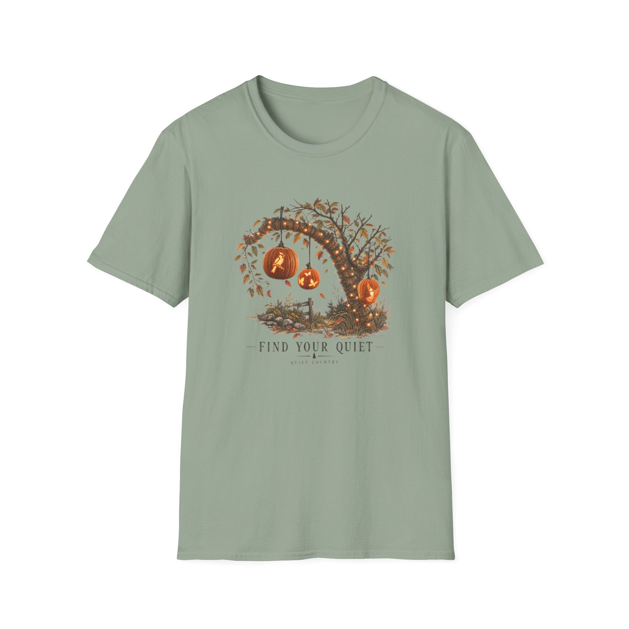 Halloween Pumpkin Tree T‑Shirt — "Find Your Quiet" Cozy Fall Tee