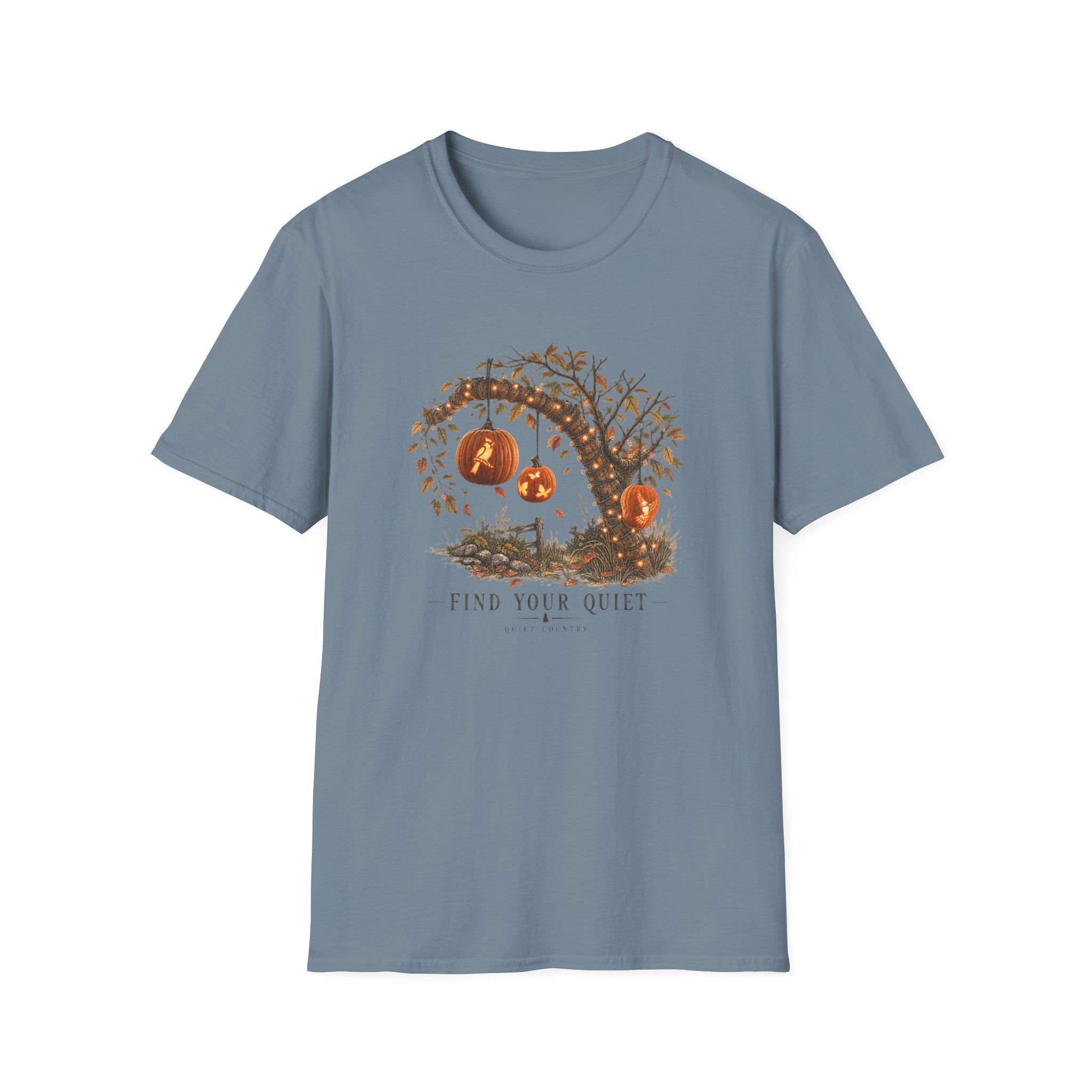 Halloween Pumpkin Tree T‑Shirt — "Find Your Quiet" Cozy Fall Tee