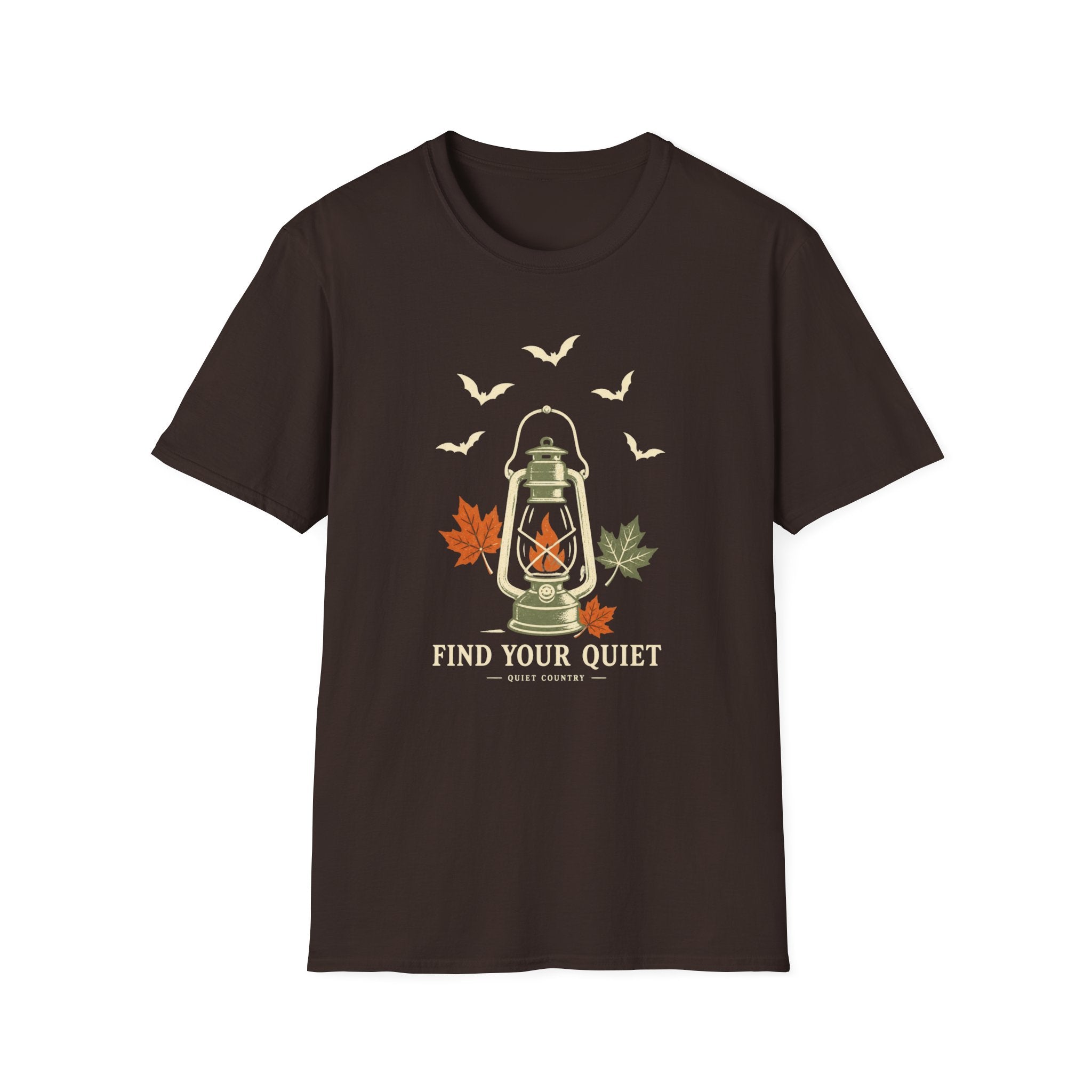 Lantern & Bats Tee — "Find Your Quiet" Autumn Graphic T-Shirt