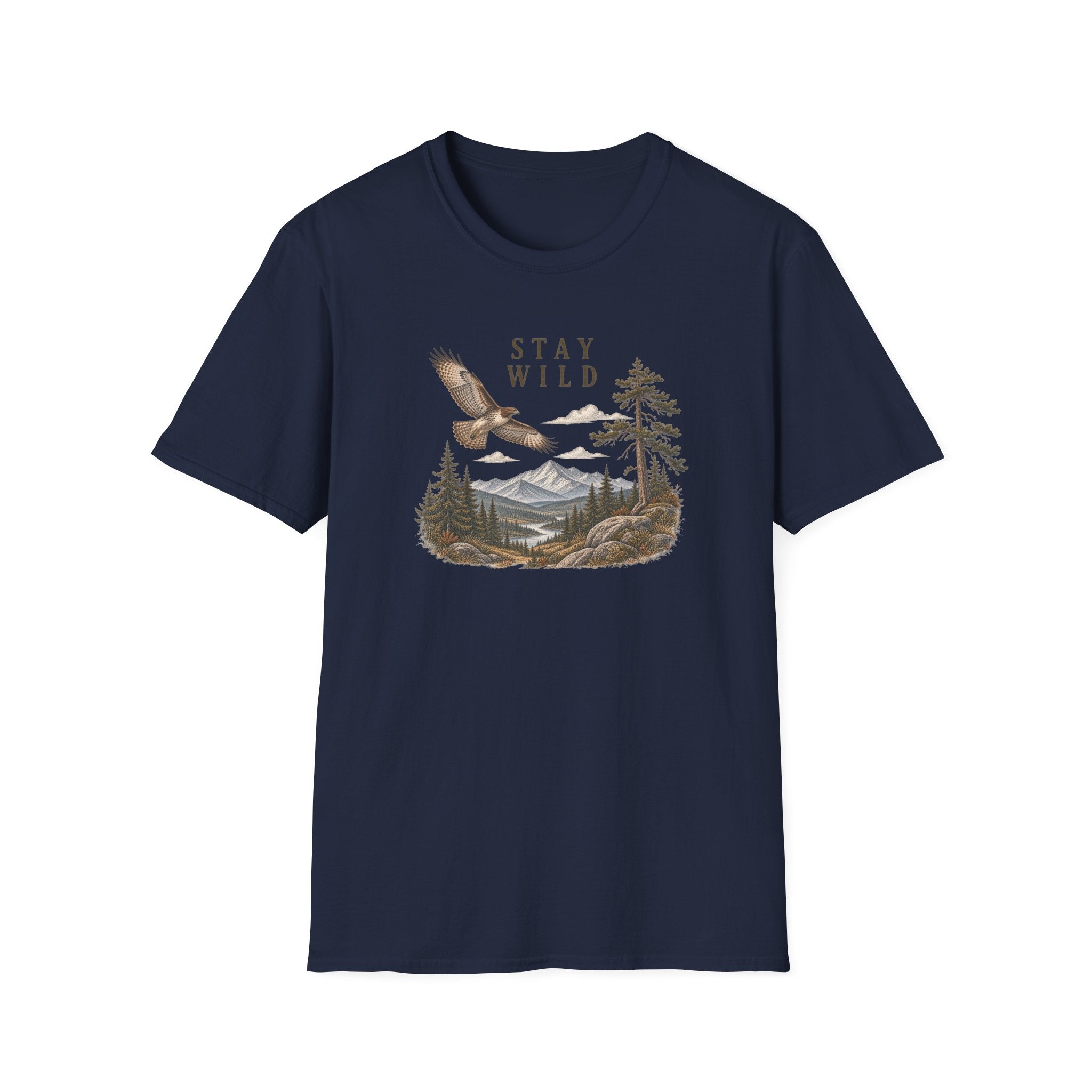 Stay Wild Mountain Hawk T-Shirt — Vintage Mountain & Hawk Graphic for Outdoor Lovers